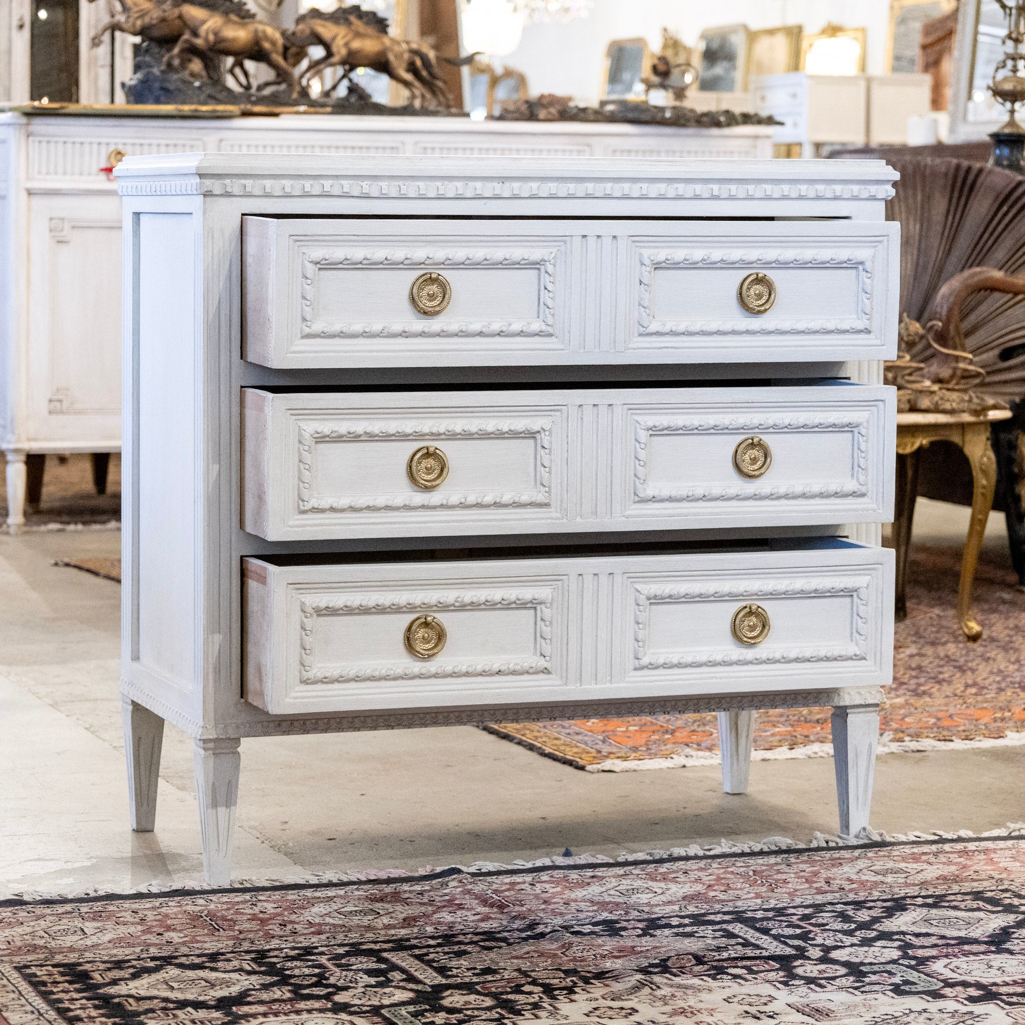 Swedish 3-Drawer Chest – Rope Trim & Brass Pulls in Dove White - Image 3