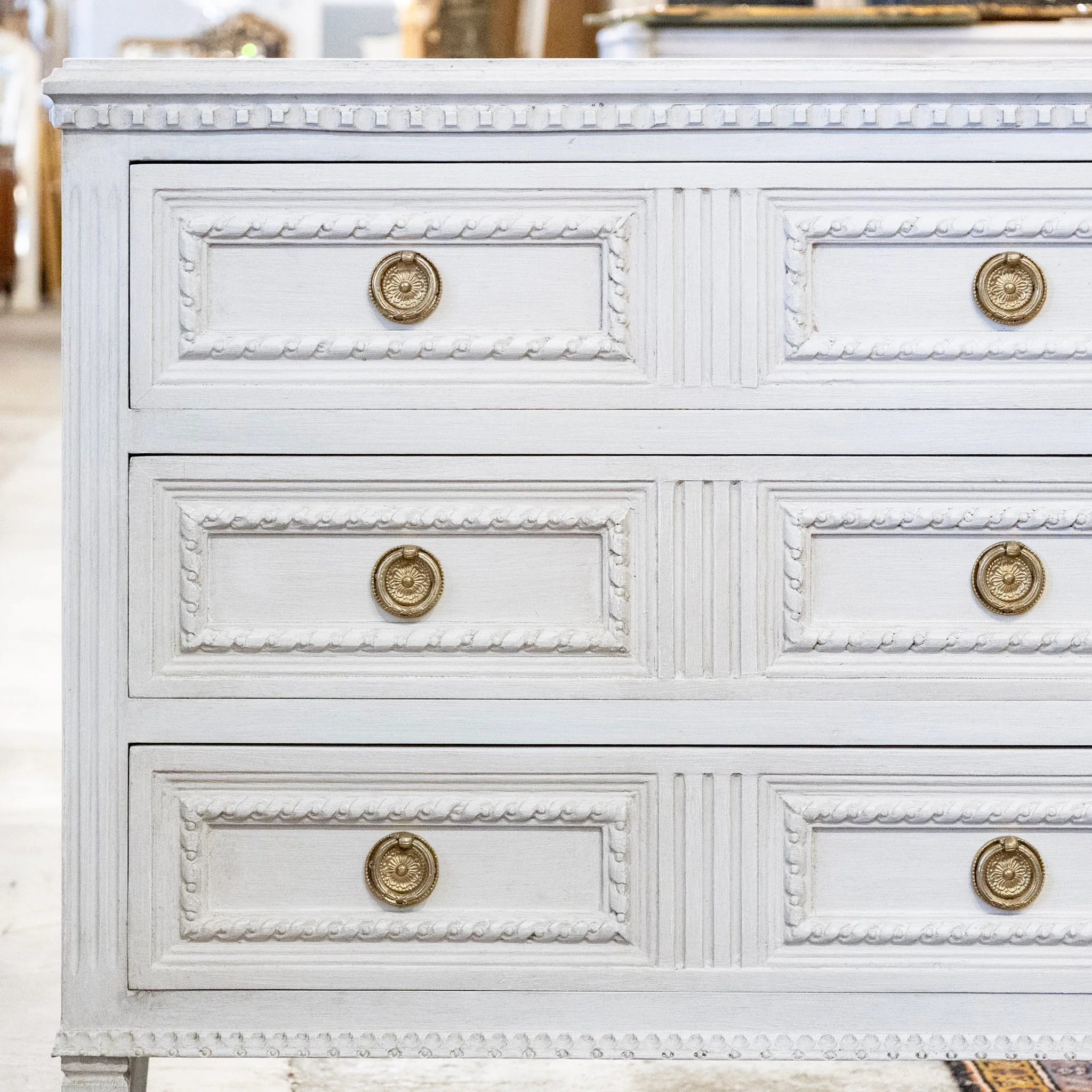 Swedish 3-Drawer Chest – Rope Trim & Brass Pulls in Dove White - Image 4