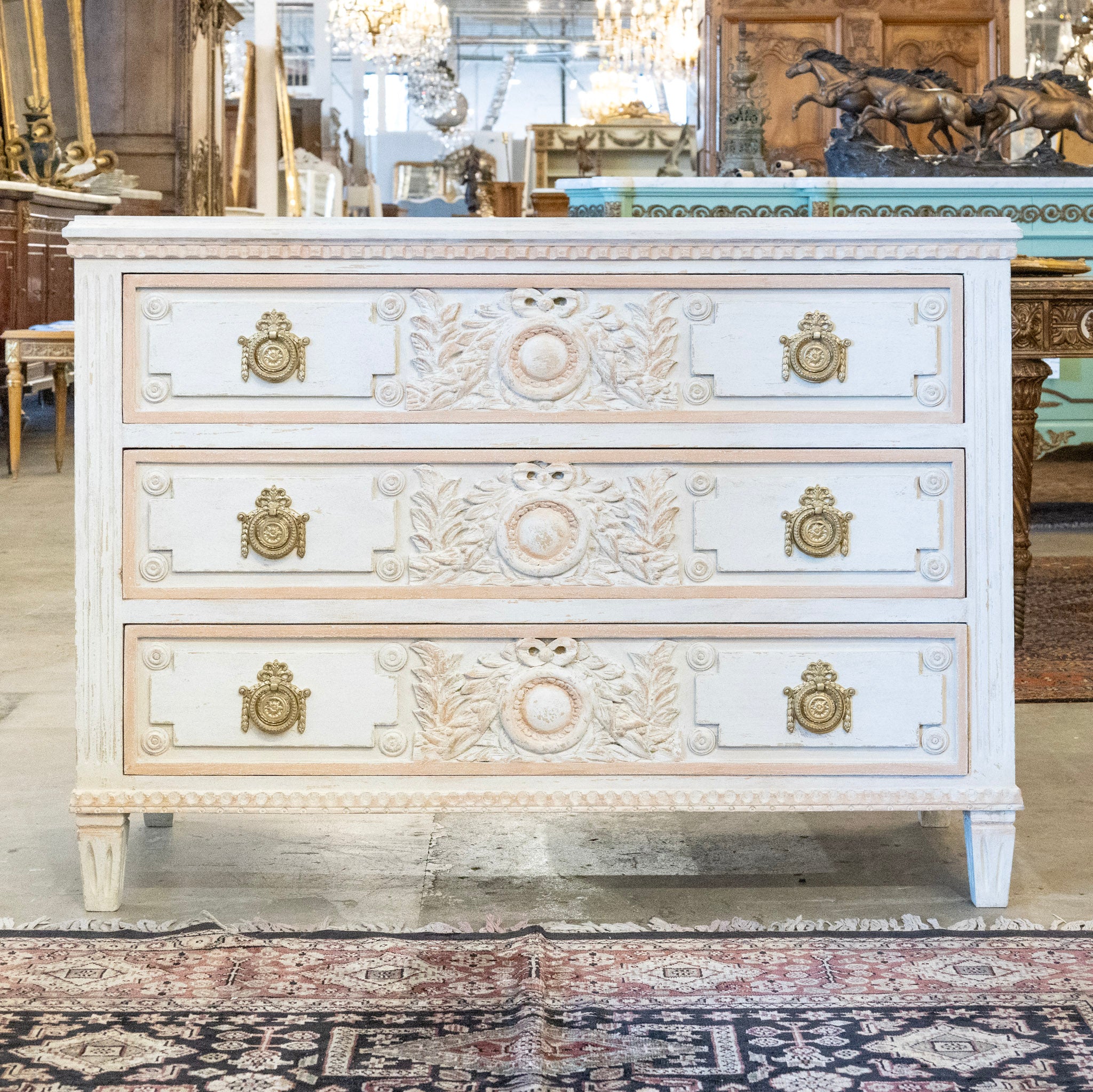 Swedish 3-Drawer Chest – Wreath Carvings in White and Pink Textured Finish
