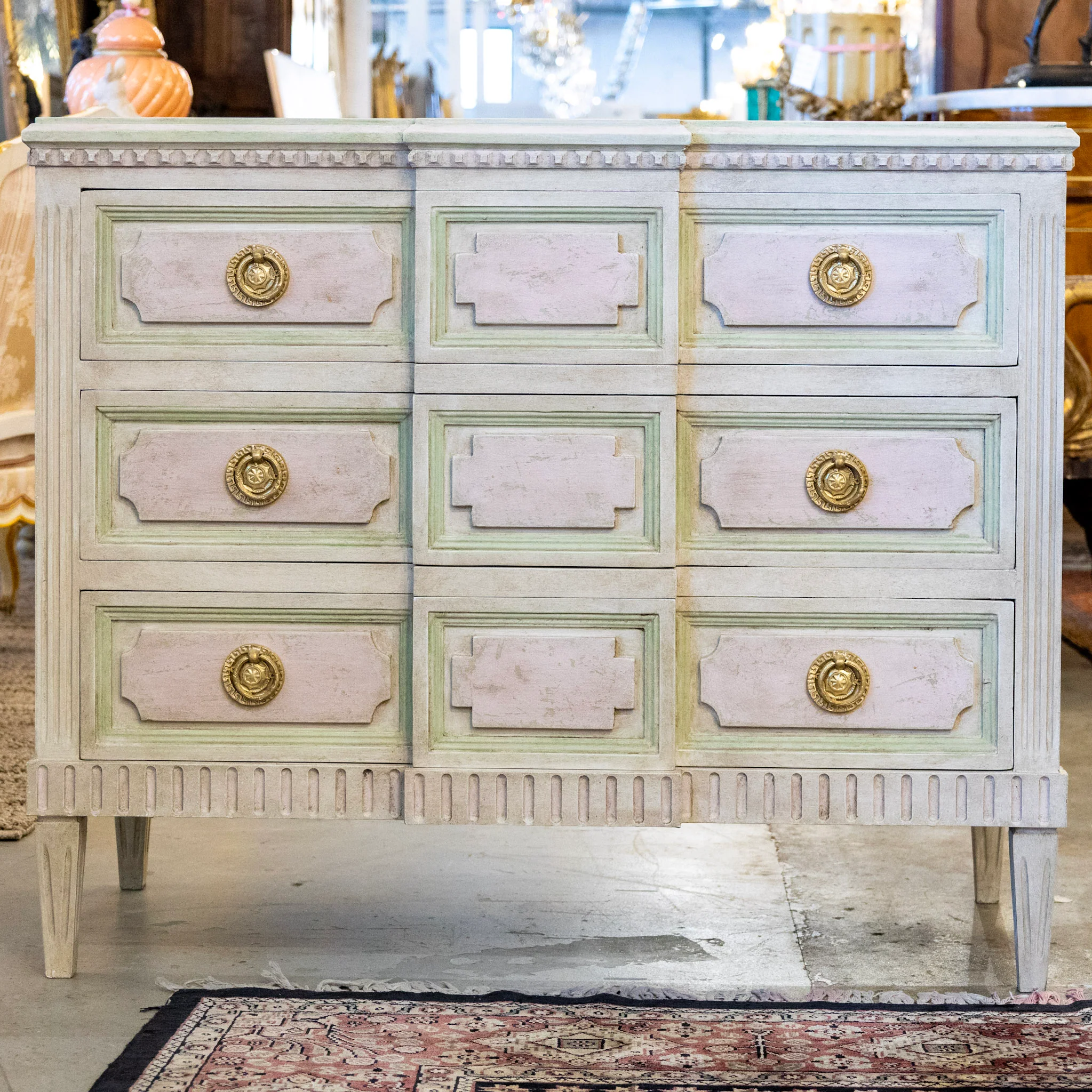 Swedish 3-Drawer Chest – Beveled Drawers & Distressed Pink-Green Finish - Image 3