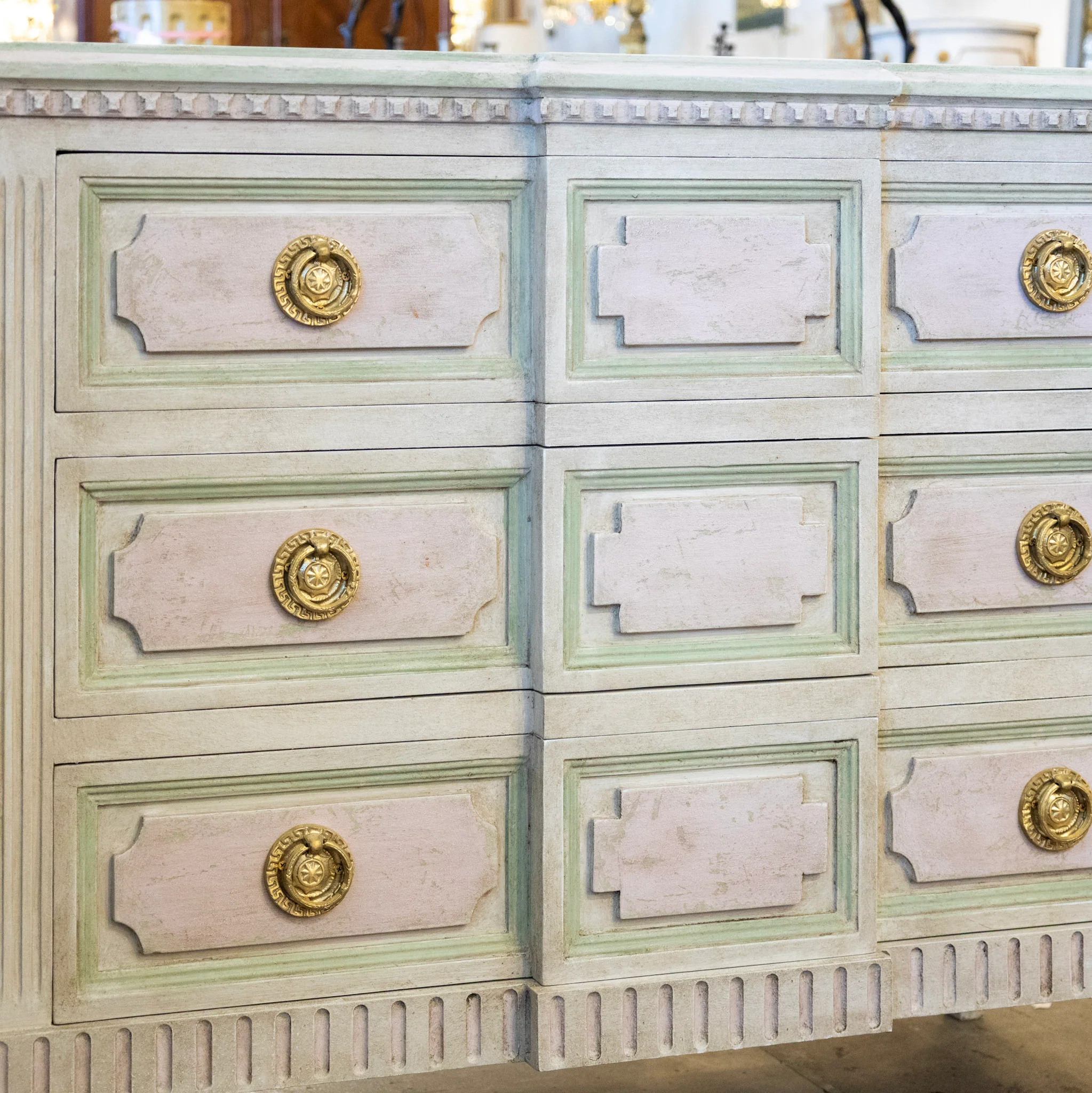 Swedish 3-Drawer Chest – Beveled Drawers & Distressed Pink-Green Finish - Image 4