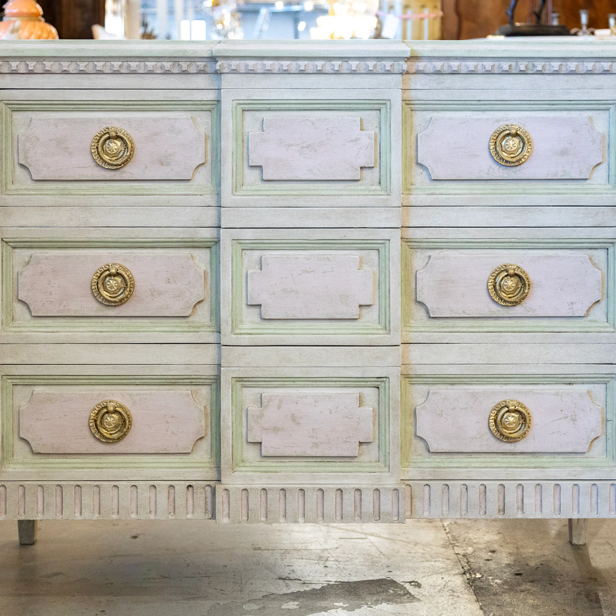 Swedish 3-Drawer Chest – Beveled Drawers & Distressed Pink-Green Finish - Image 5