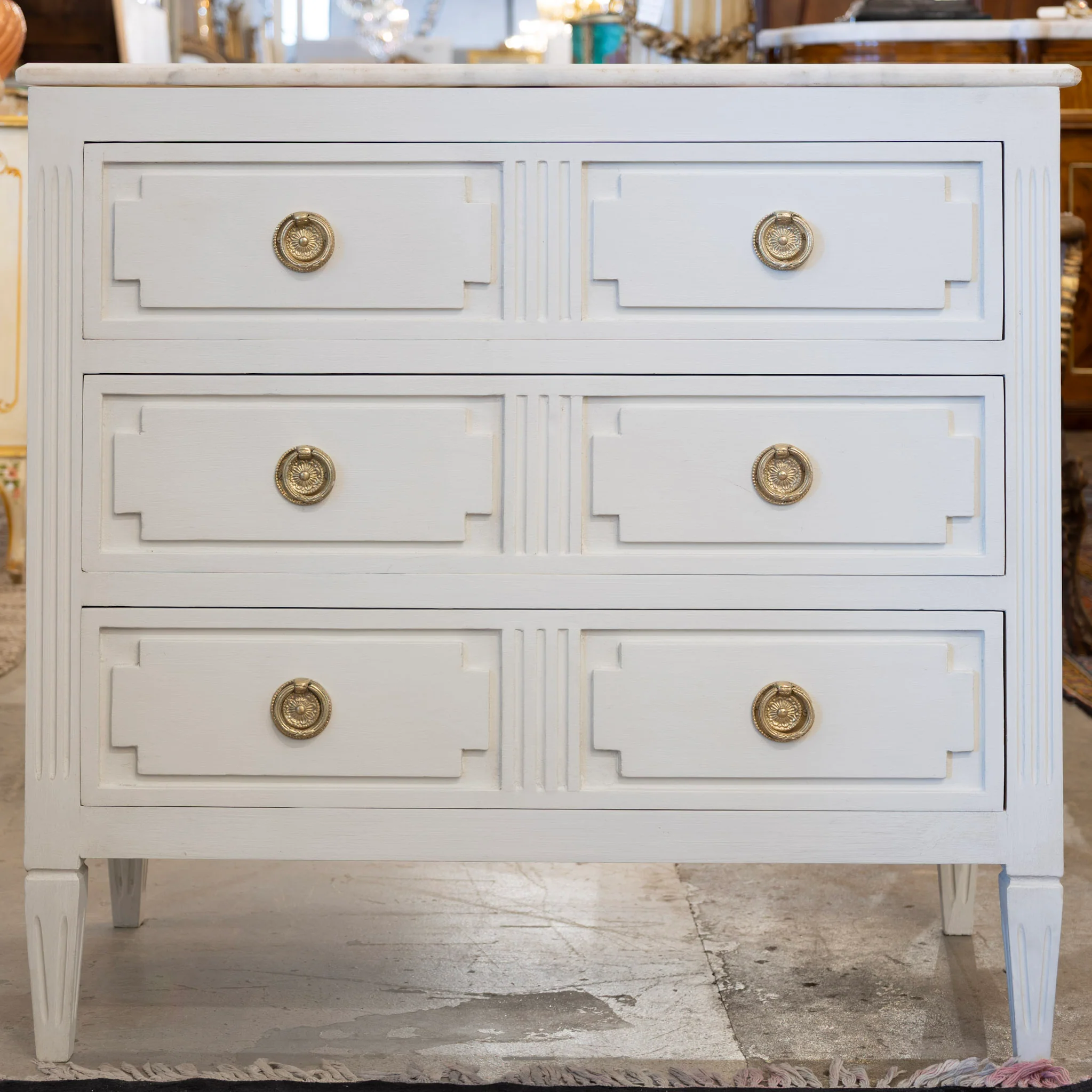 Swedish 3-Drawer Nightstand – Carved Block Fronts & Marble Top in Dove White
