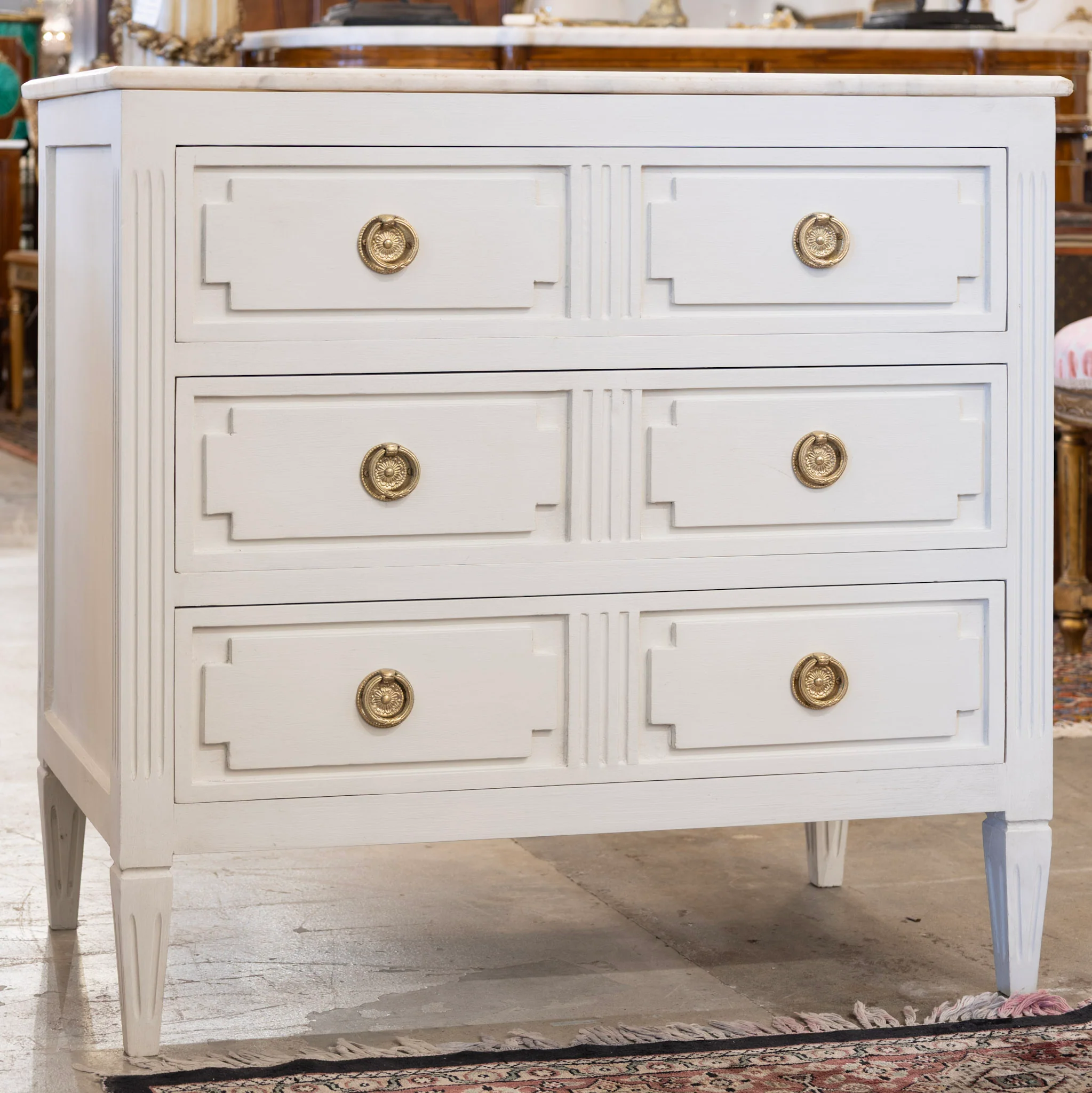 Swedish 3-Drawer Nightstand – Carved Block Fronts & Marble Top in Dove White - Image 2