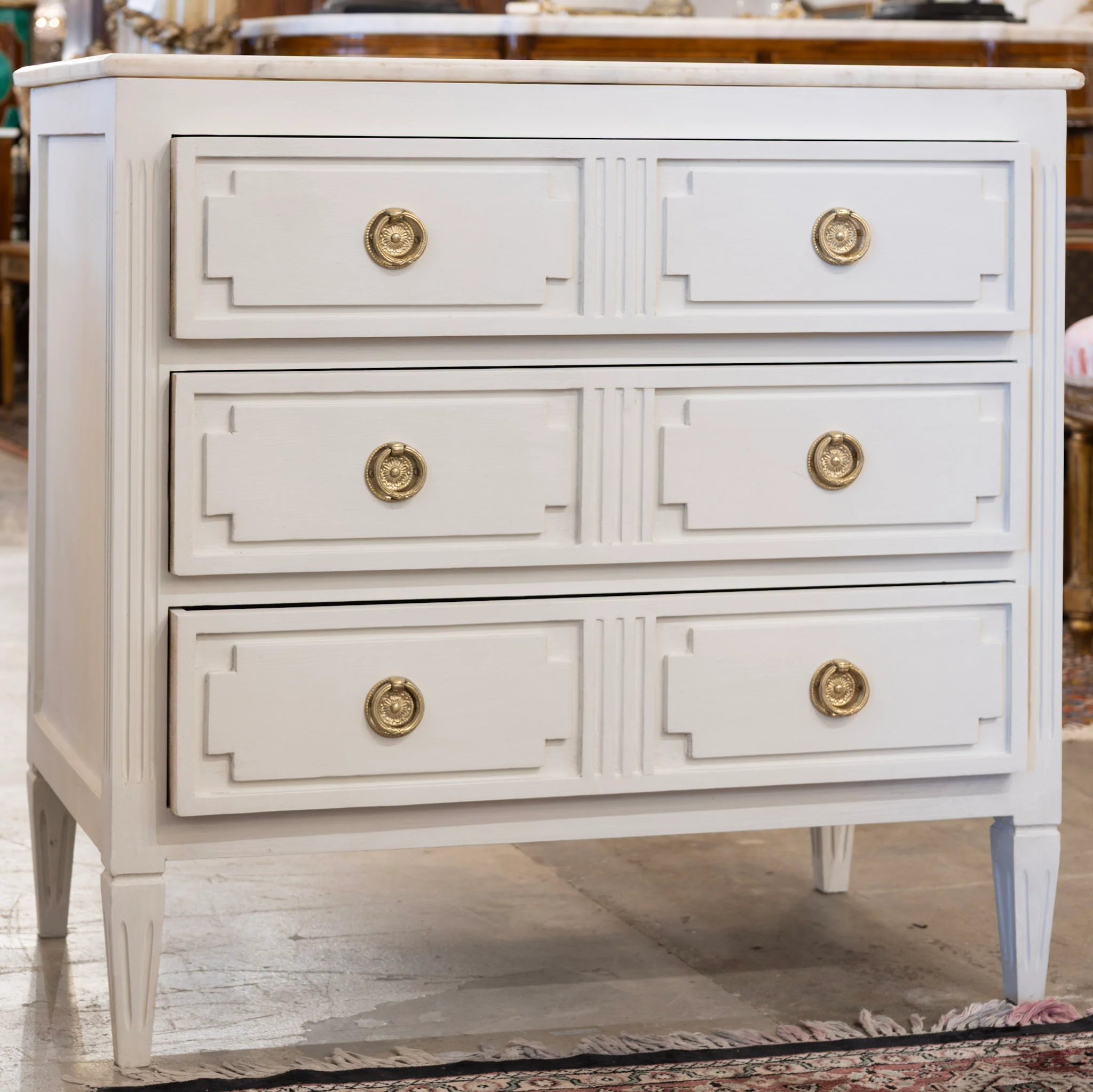 Swedish 3-Drawer Nightstand – Carved Block Fronts & Marble Top in Dove White - Image 3