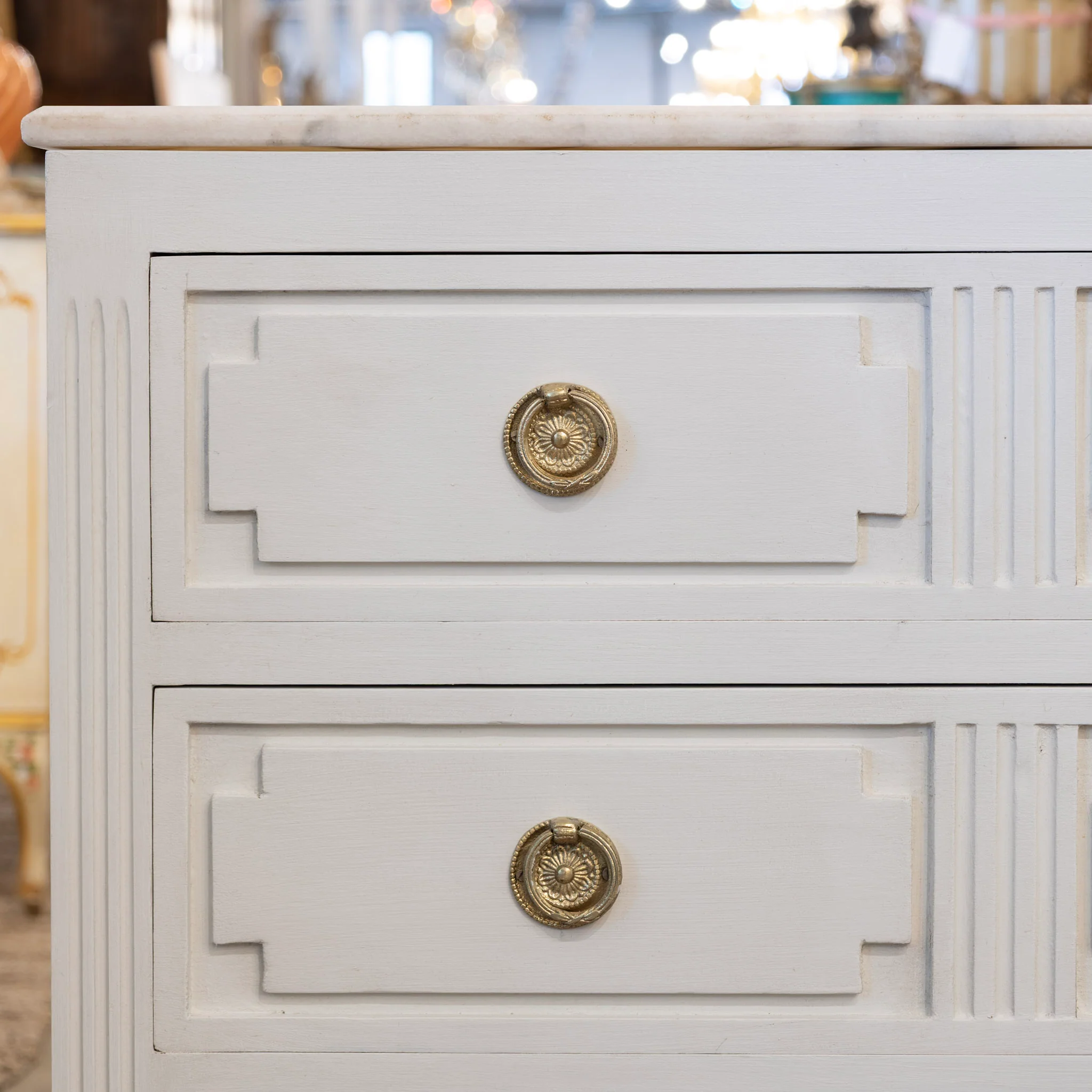 Swedish 3-Drawer Nightstand – Carved Block Fronts & Marble Top in Dove White - Image 4