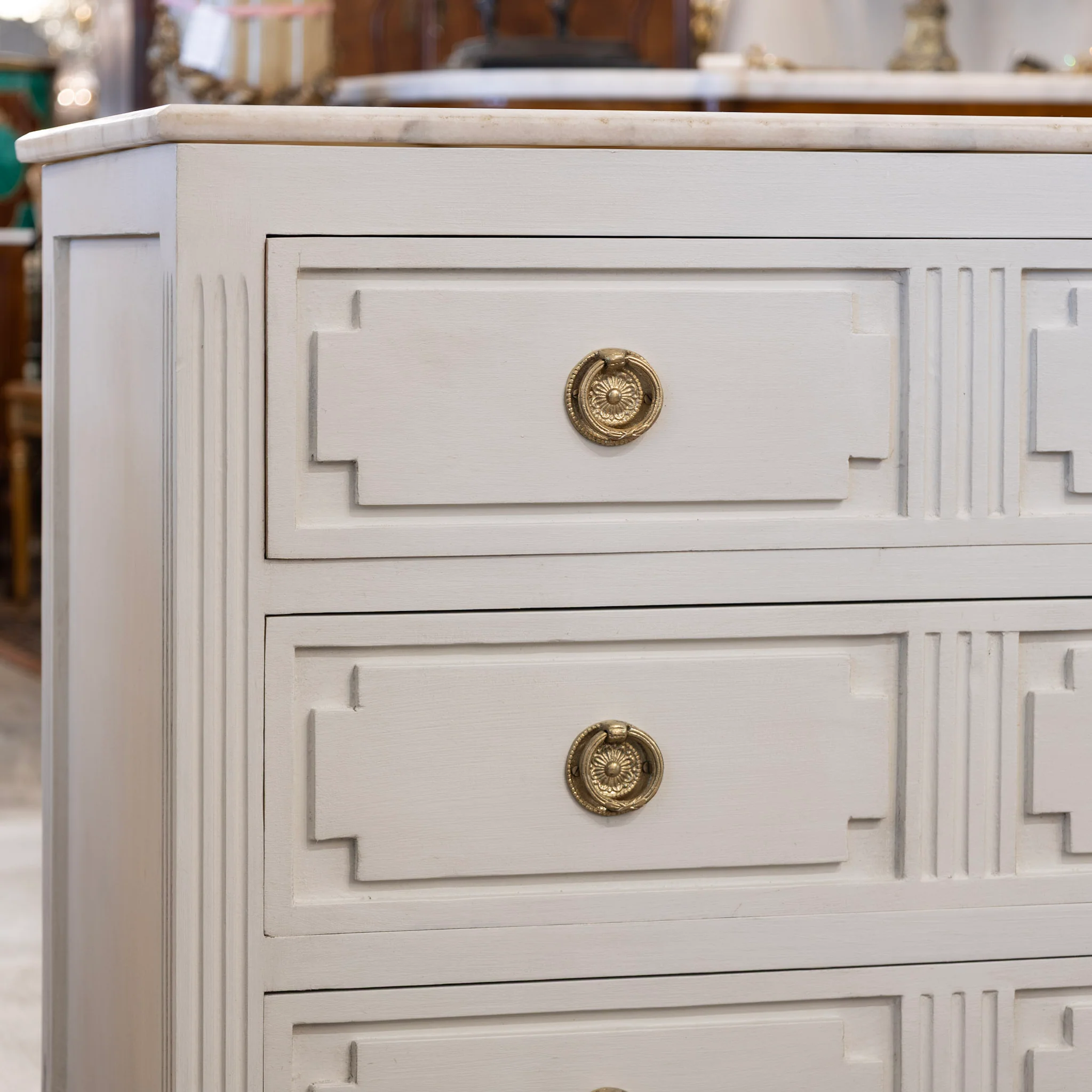 Swedish 3-Drawer Nightstand – Carved Block Fronts & Marble Top in Dove White - Image 5