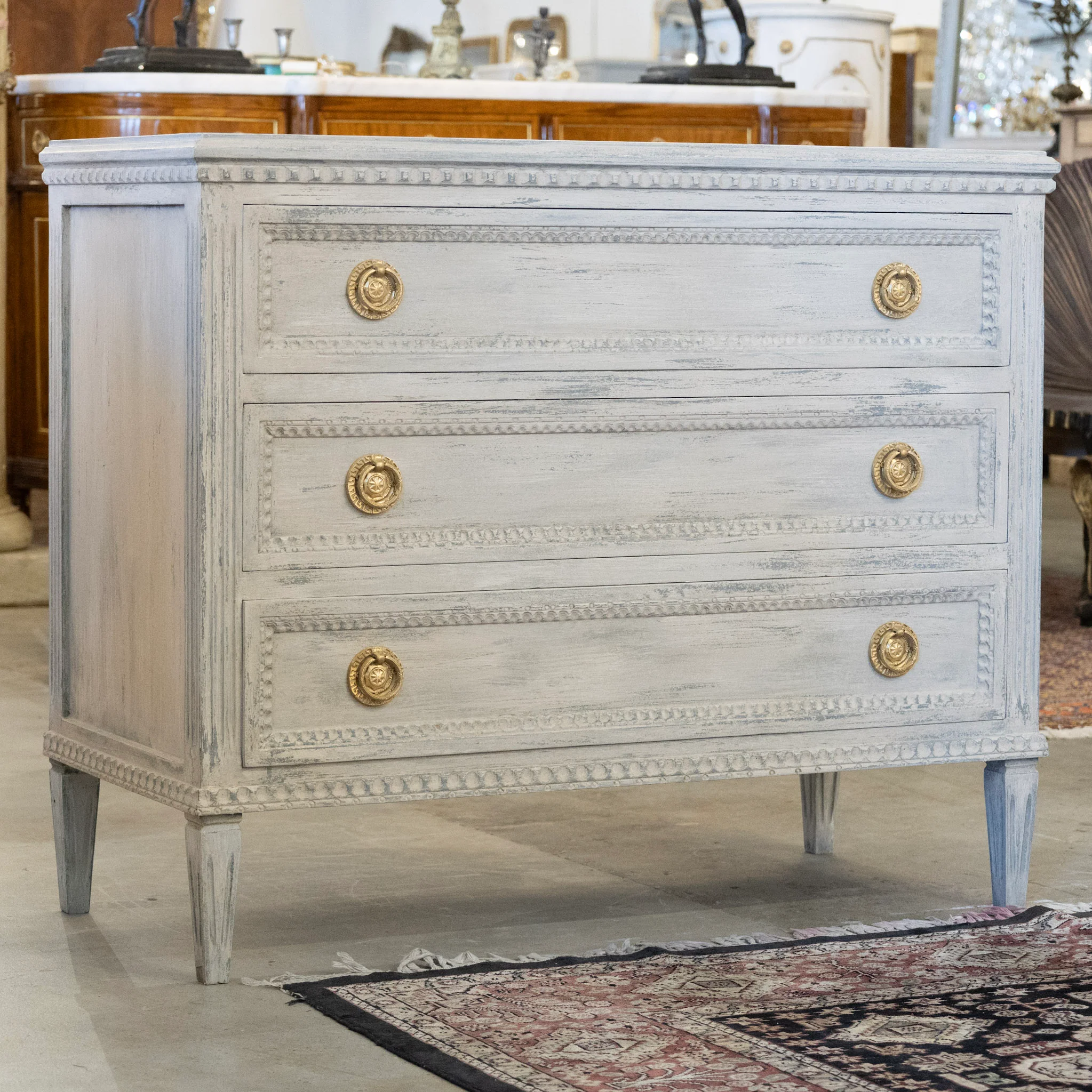 Swedish 3-Drawer Chest – Distressed Grey Finish & Beaded Drawer Trim