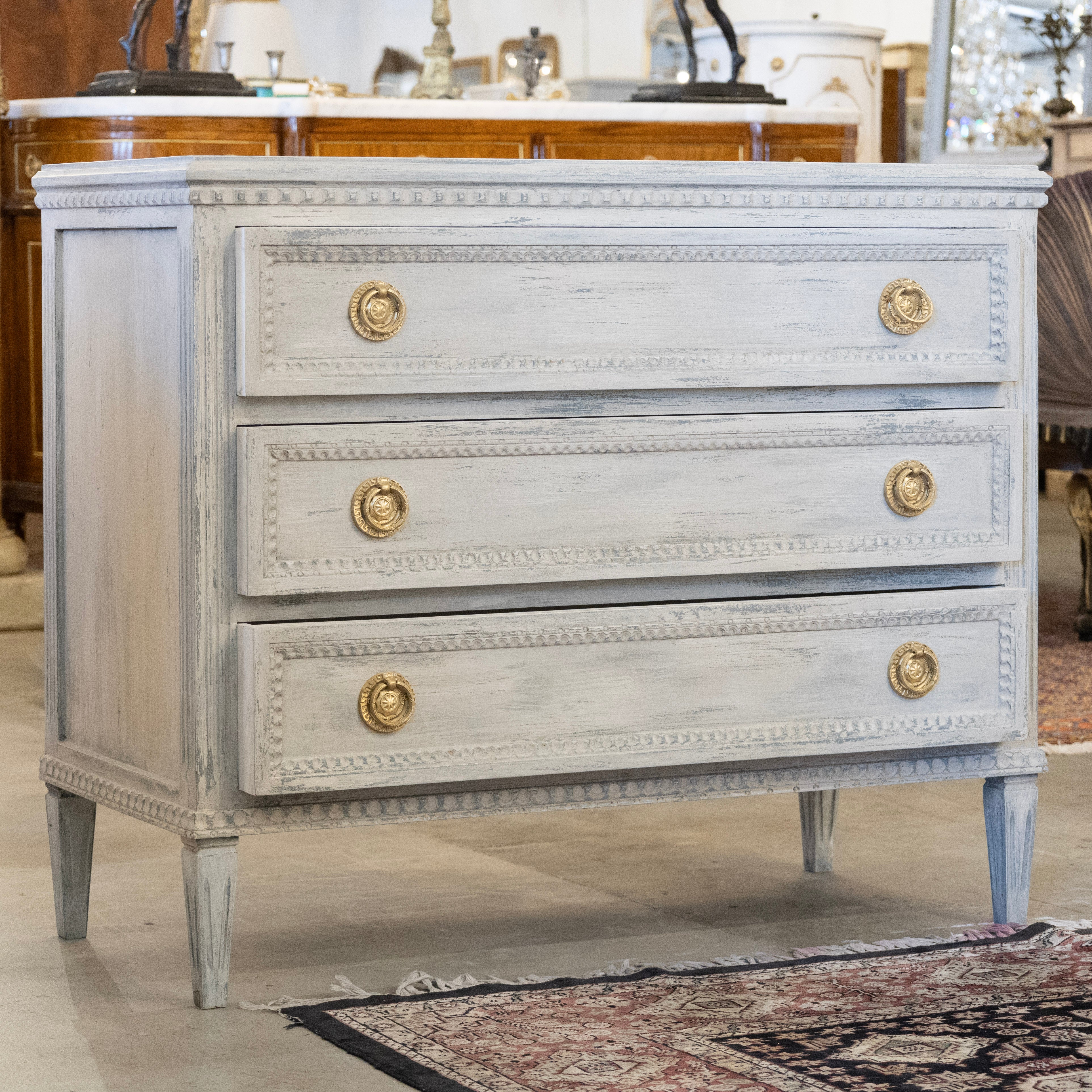 Swedish 3-Drawer Chest – Distressed Grey Finish & Beaded Drawer Trim - Image 2