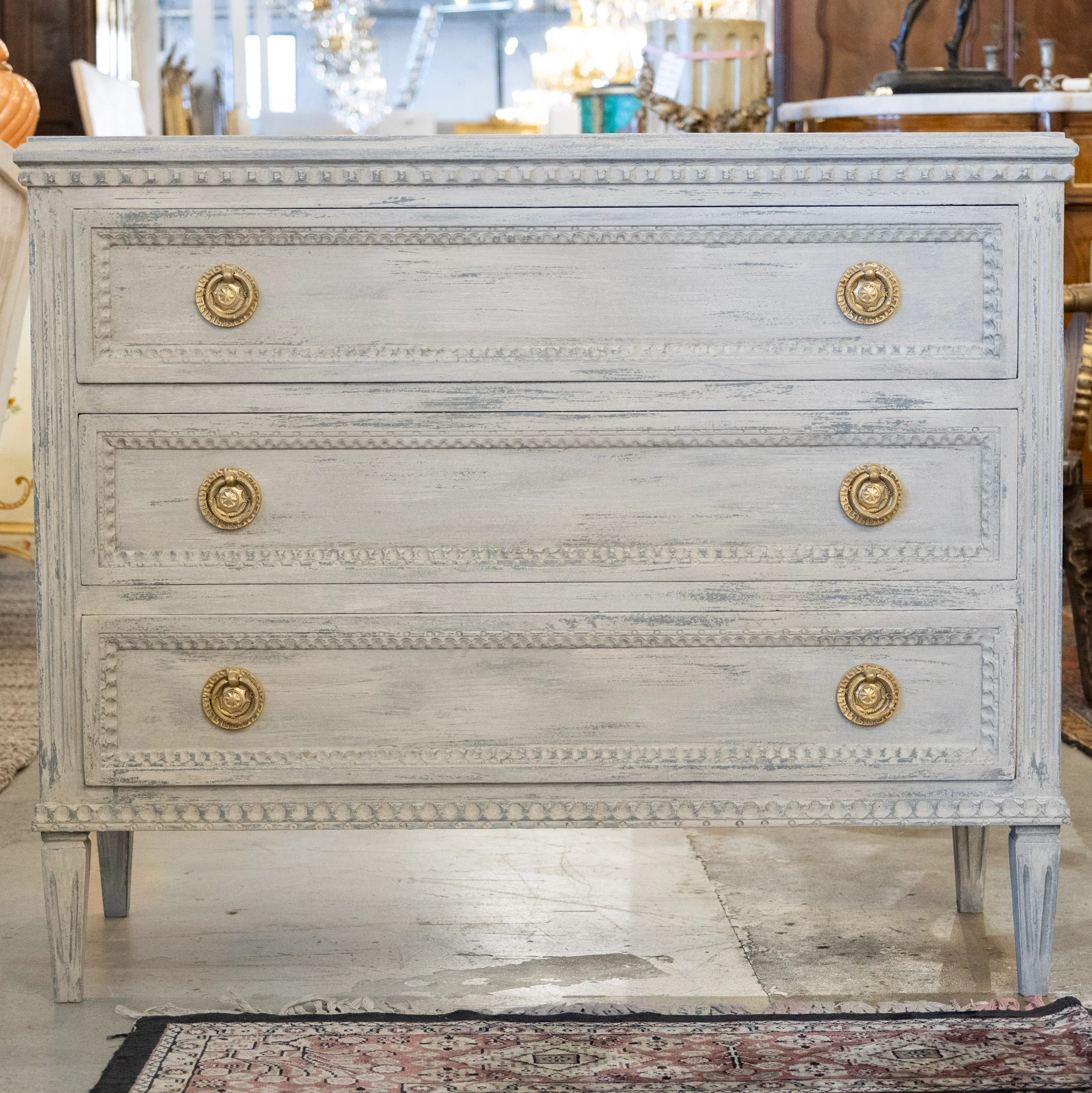 Swedish 3-Drawer Chest – Distressed Grey Finish & Beaded Drawer Trim - Image 3