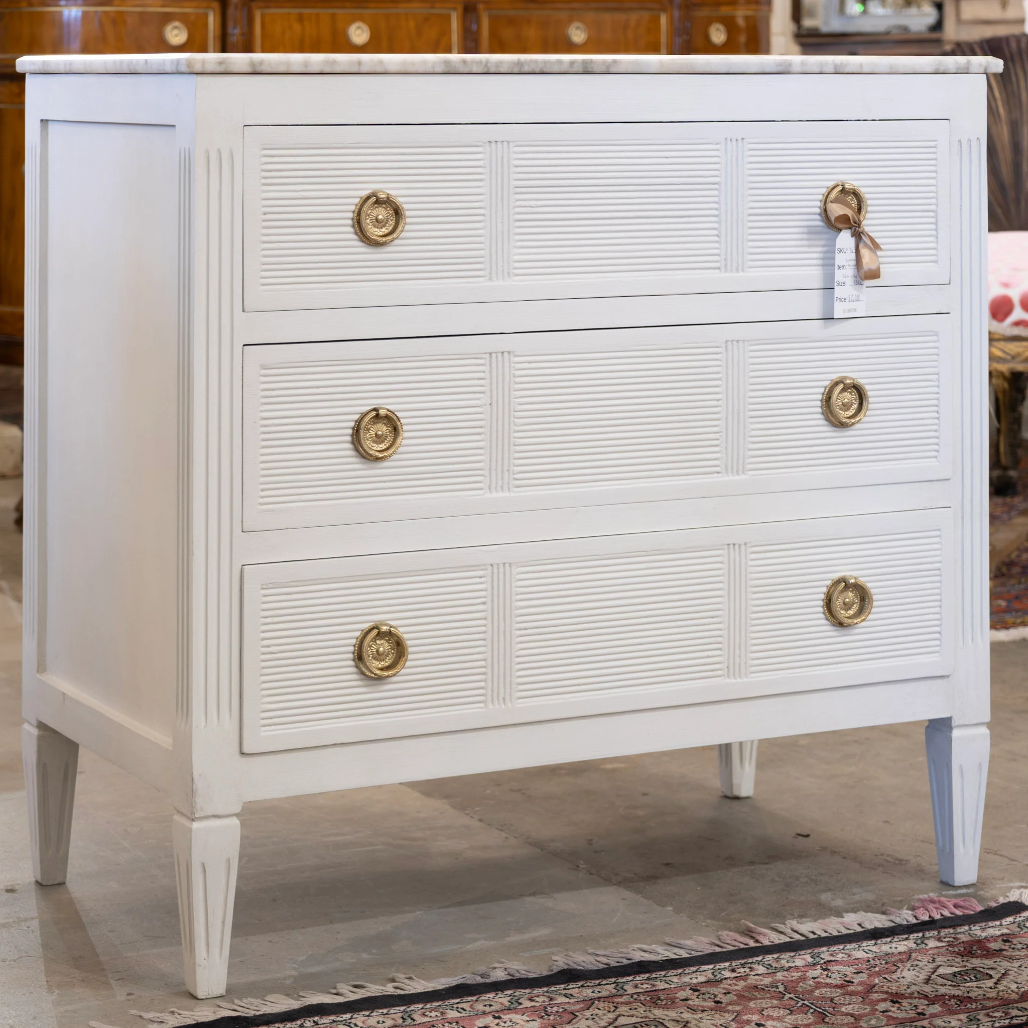 Swedish 3-Drawer Nightstand – Reeded Drawers & Marble Top in Dove White