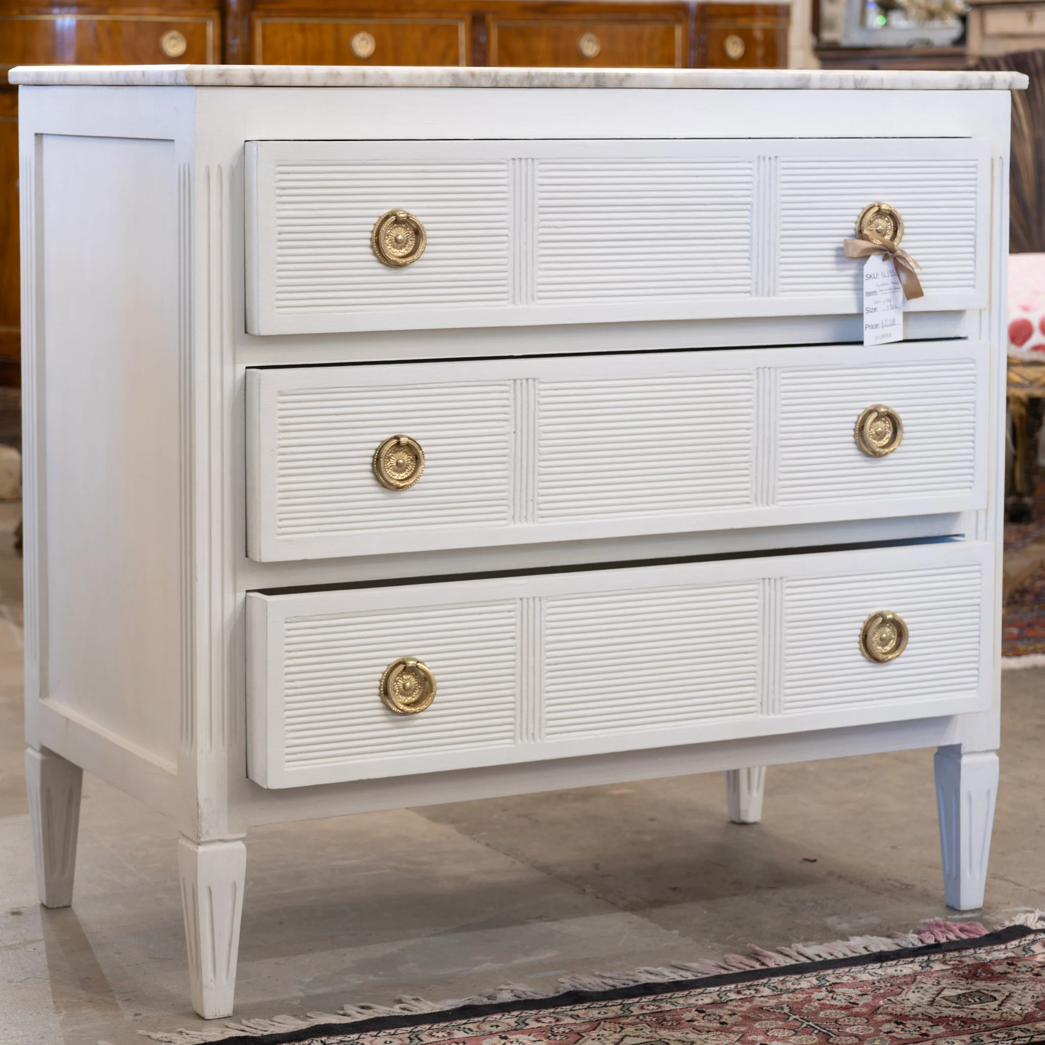 Swedish 3-Drawer Nightstand – Reeded Drawers & Marble Top in Dove White - Image 2