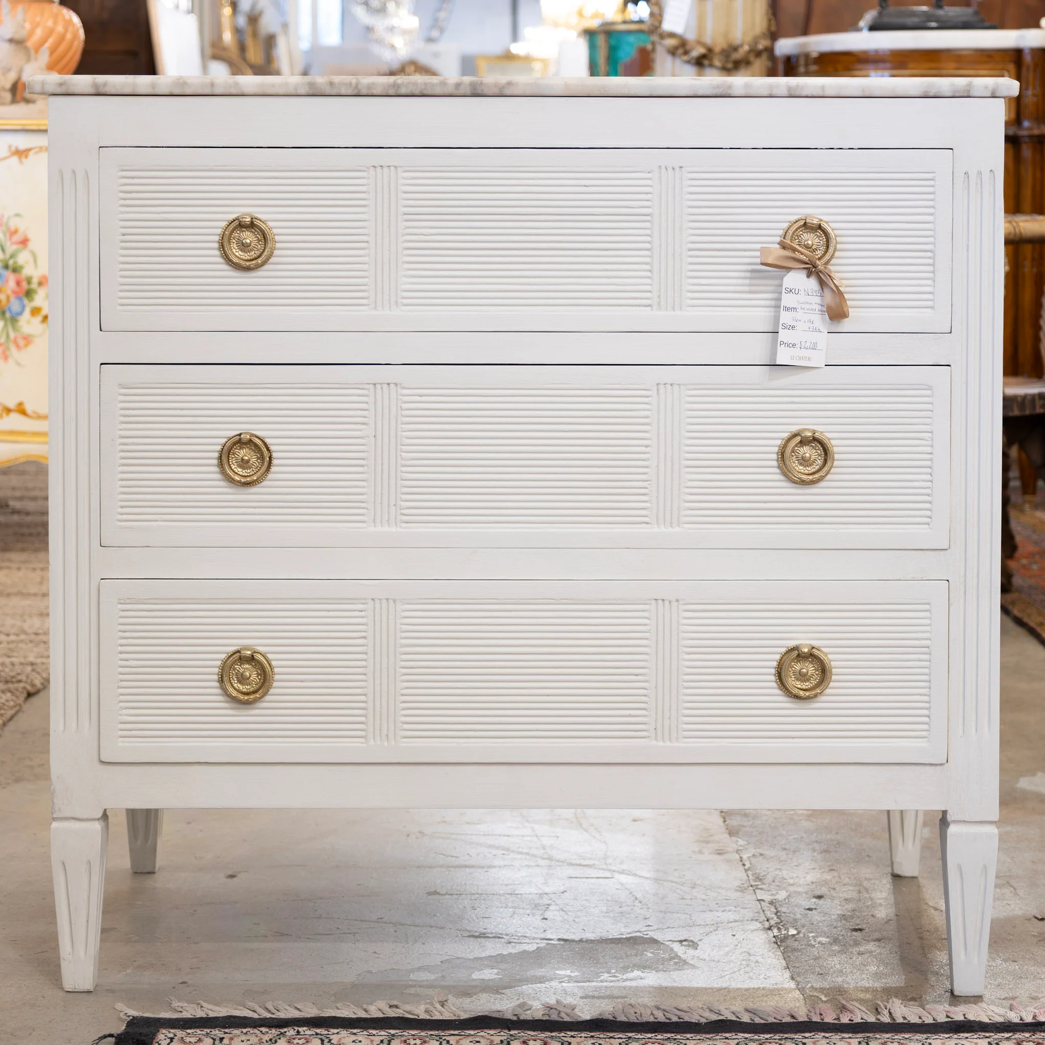 Swedish 3-Drawer Nightstand – Reeded Drawers & Marble Top in Dove White - Image 3