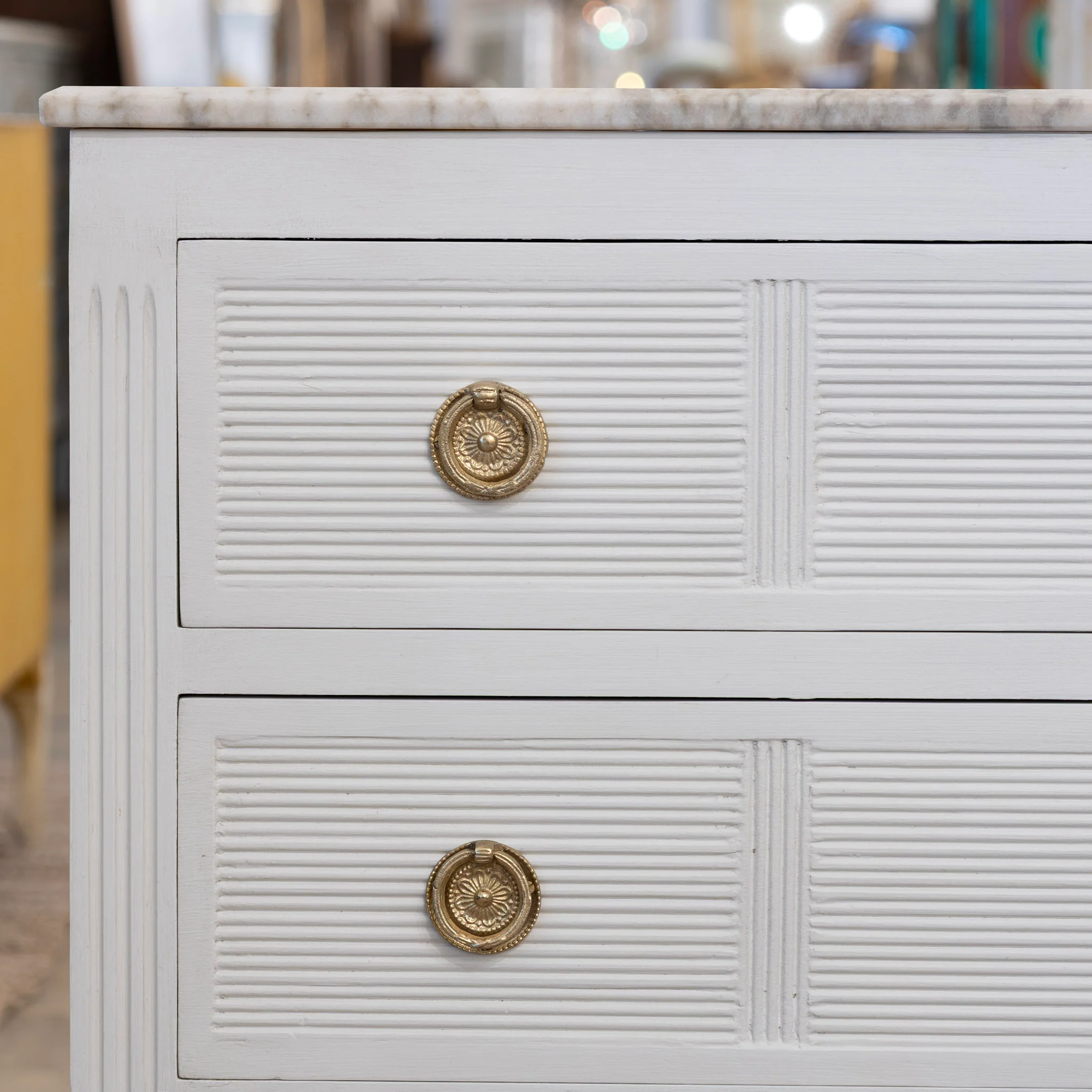 Swedish 3-Drawer Nightstand – Reeded Drawers & Marble Top in Dove White - Image 4