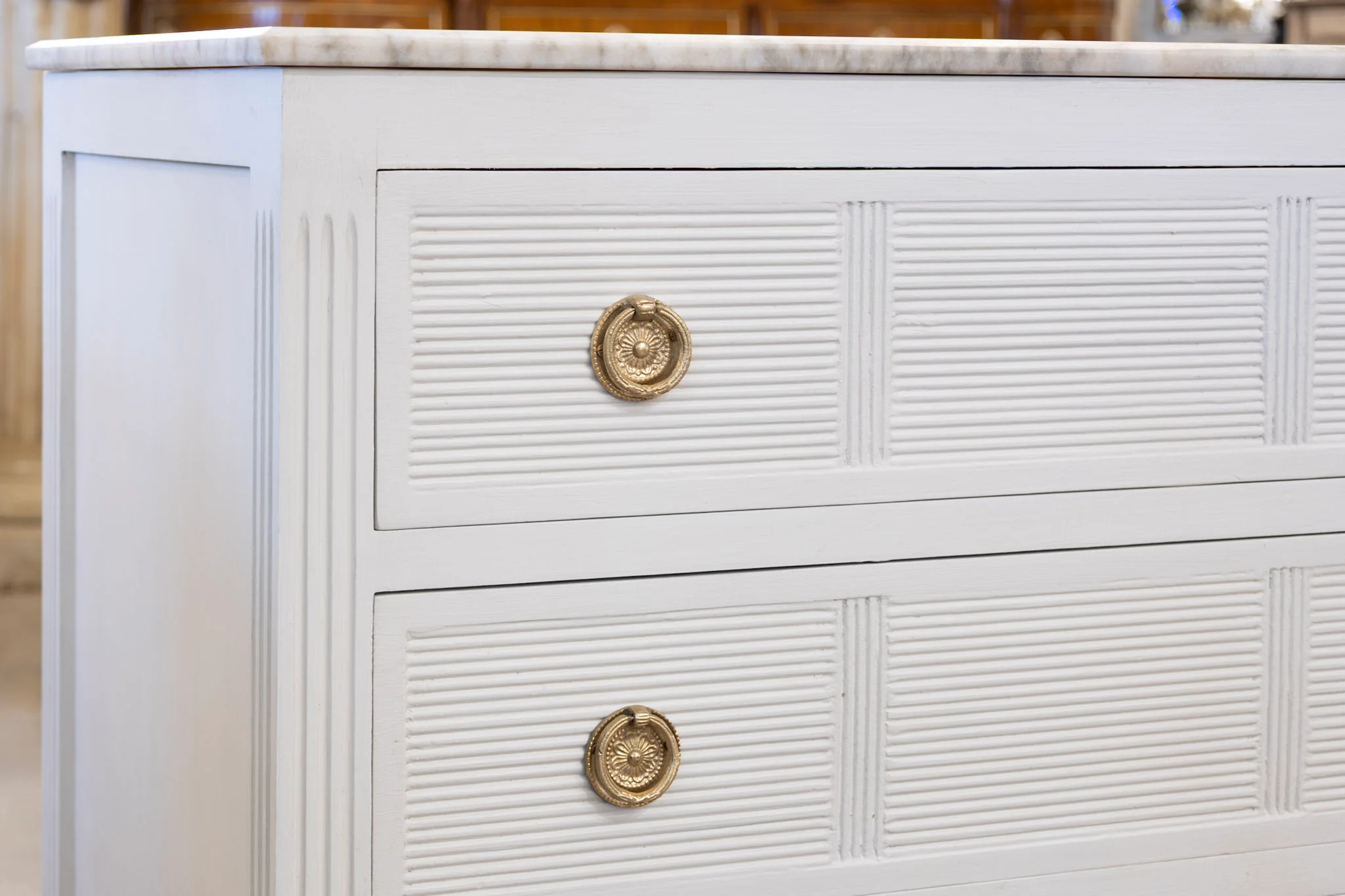 Swedish 3-Drawer Nightstand – Reeded Drawers & Marble Top in Dove White - Image 5