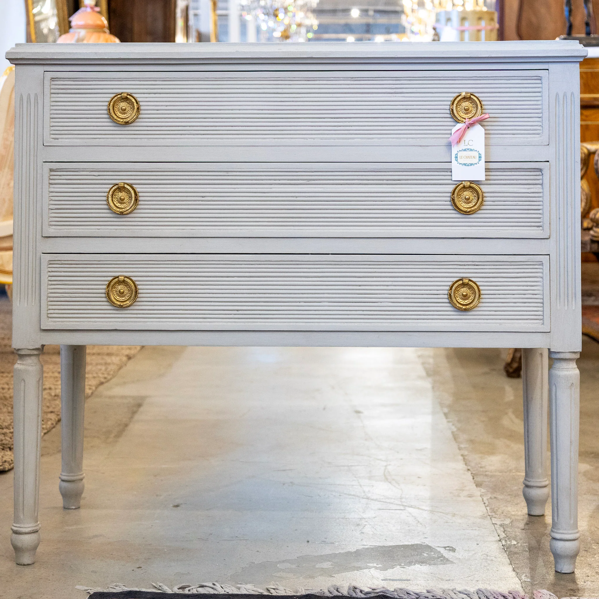 Swedish 3-Drawer Nightstand – Reeded Drawers & Tall Fluted Legs in French Grey