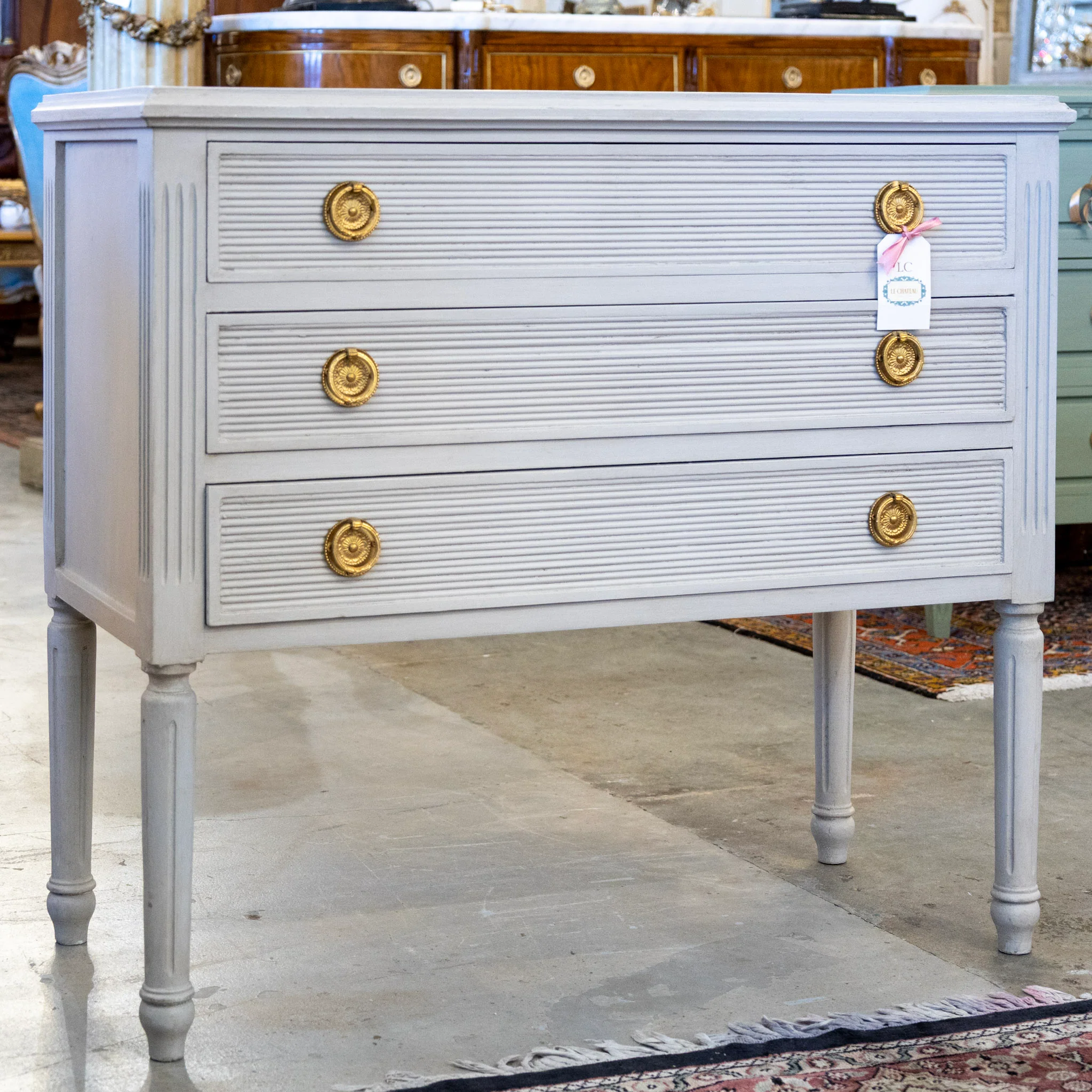 Swedish 3-Drawer Nightstand – Reeded Drawers & Tall Fluted Legs in French Grey - Image 2