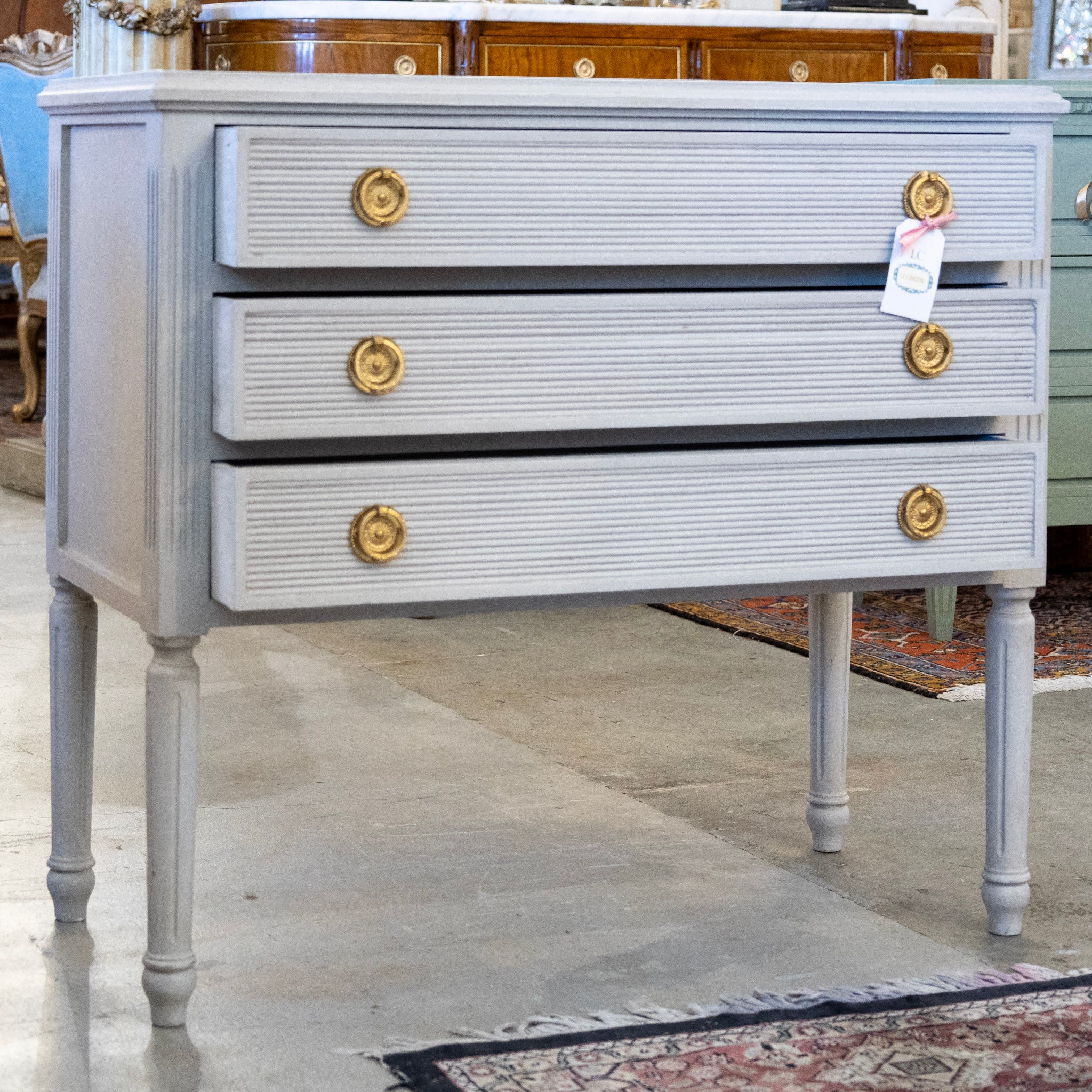 Swedish 3-Drawer Nightstand – Reeded Drawers & Tall Fluted Legs in French Grey - Image 3