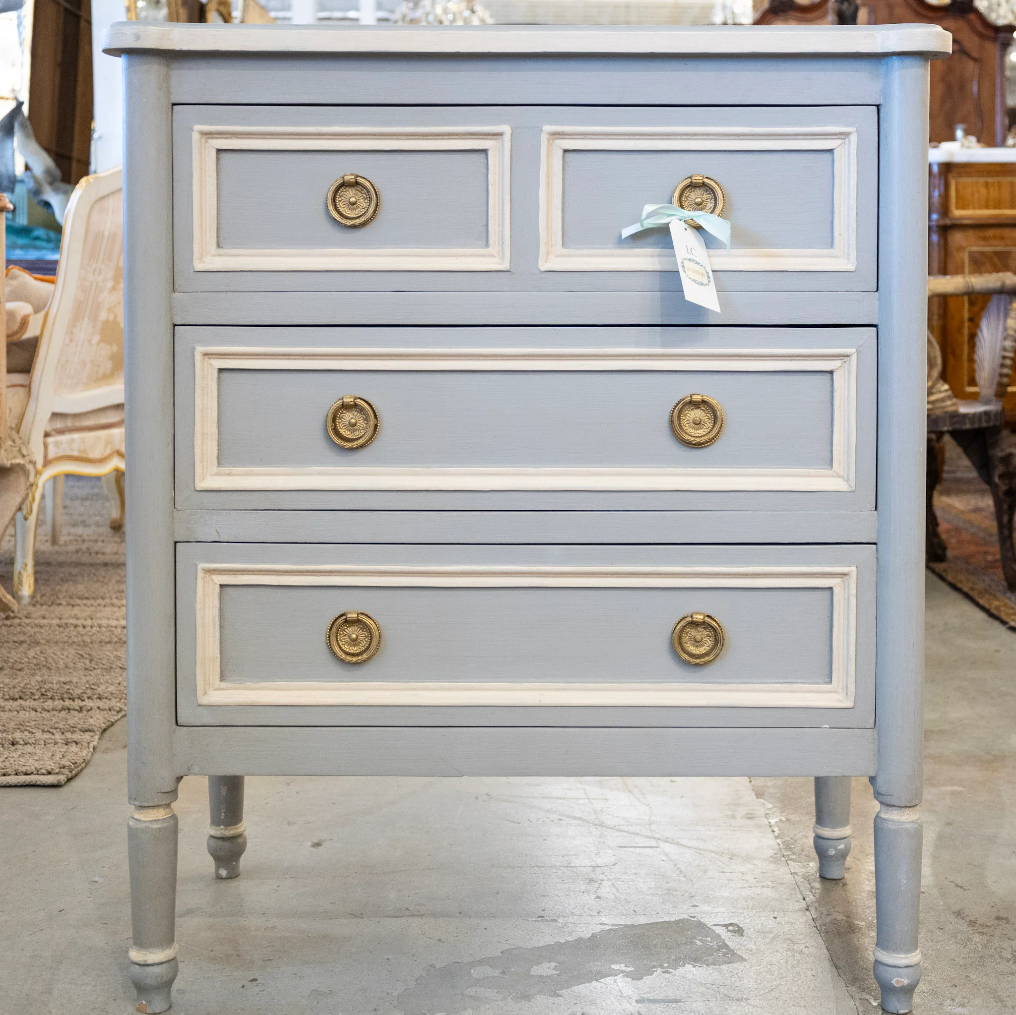 Swedish 3-Drawer Nightstand –  White Open Trim & Brass Pulls in Blue