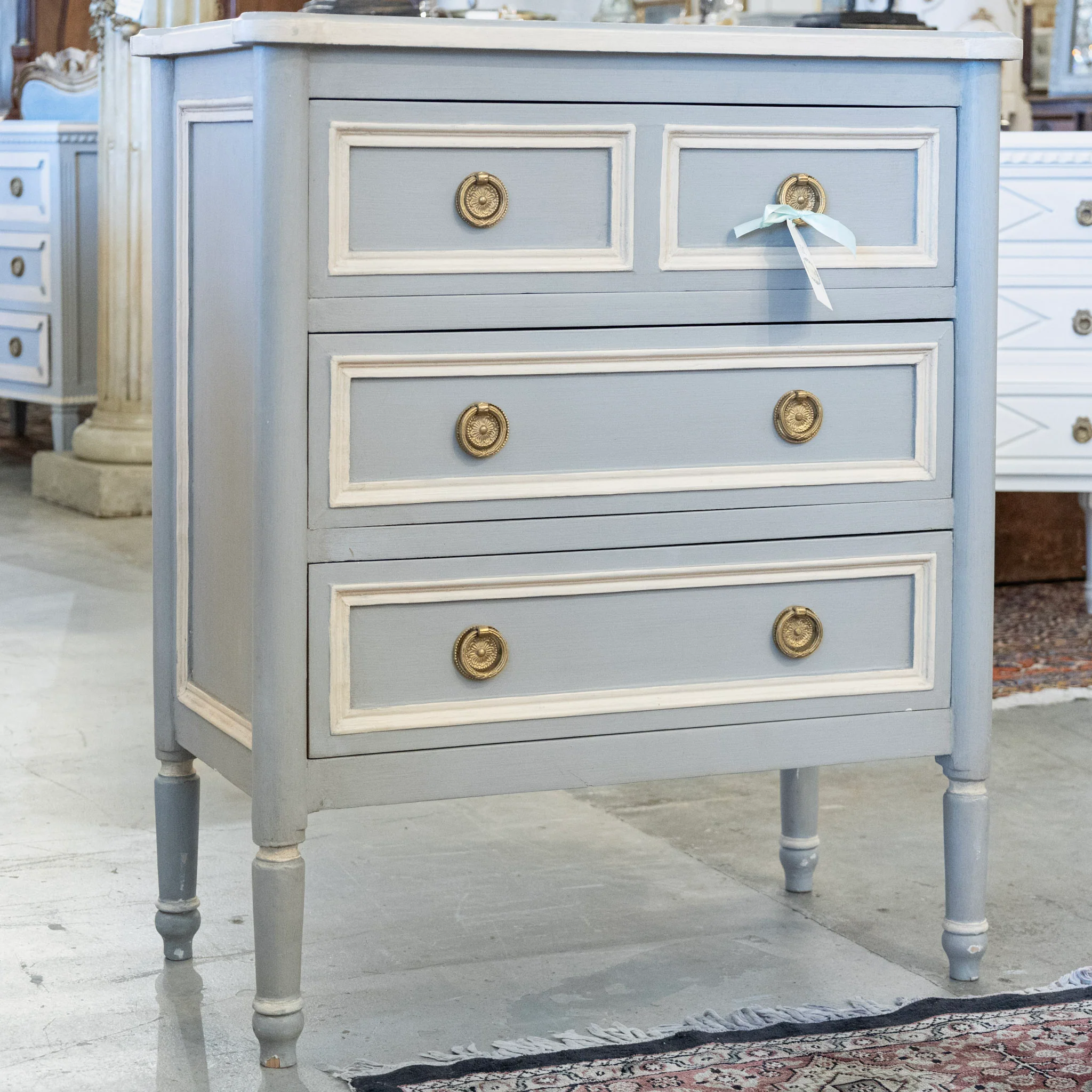 Swedish 3-Drawer Nightstand –  White Open Trim & Brass Pulls in Blue - Image 2