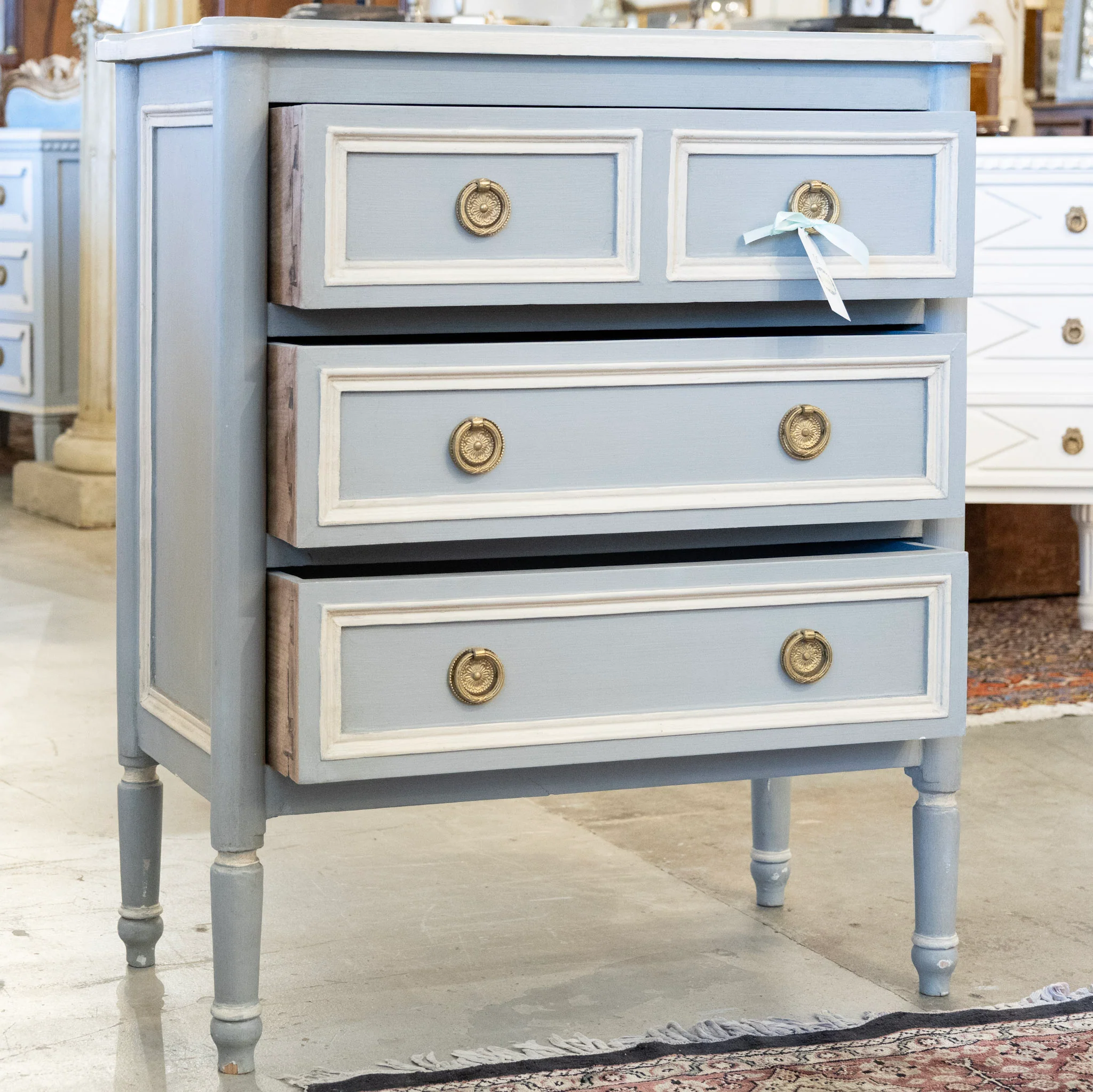 Swedish 3-Drawer Nightstand –  White Open Trim & Brass Pulls in Blue - Image 3