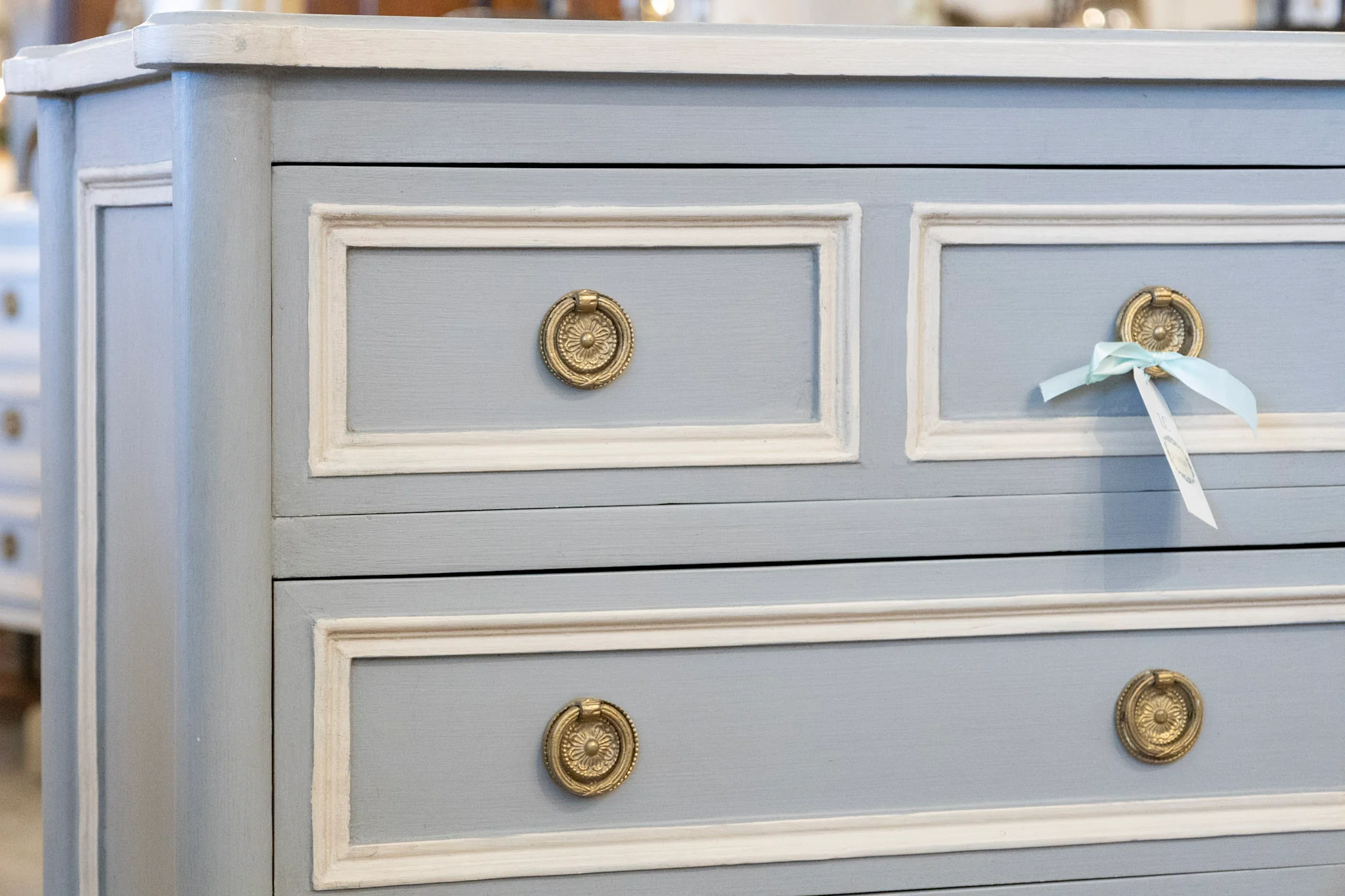 Swedish 3-Drawer Nightstand –  White Open Trim & Brass Pulls in Blue - Image 5