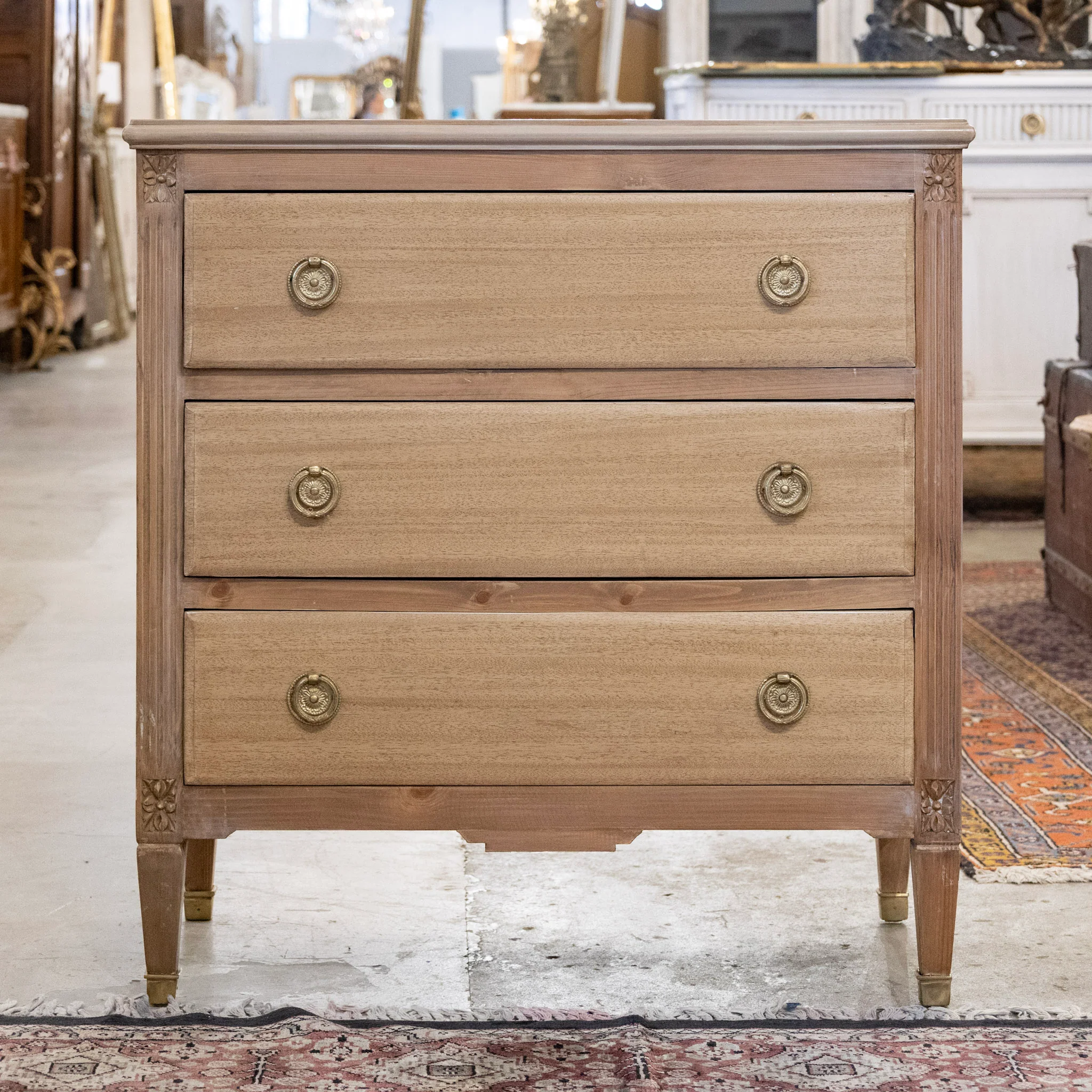 Swedish 3-Drawer Light Wood Chest with Carved Rosettes
