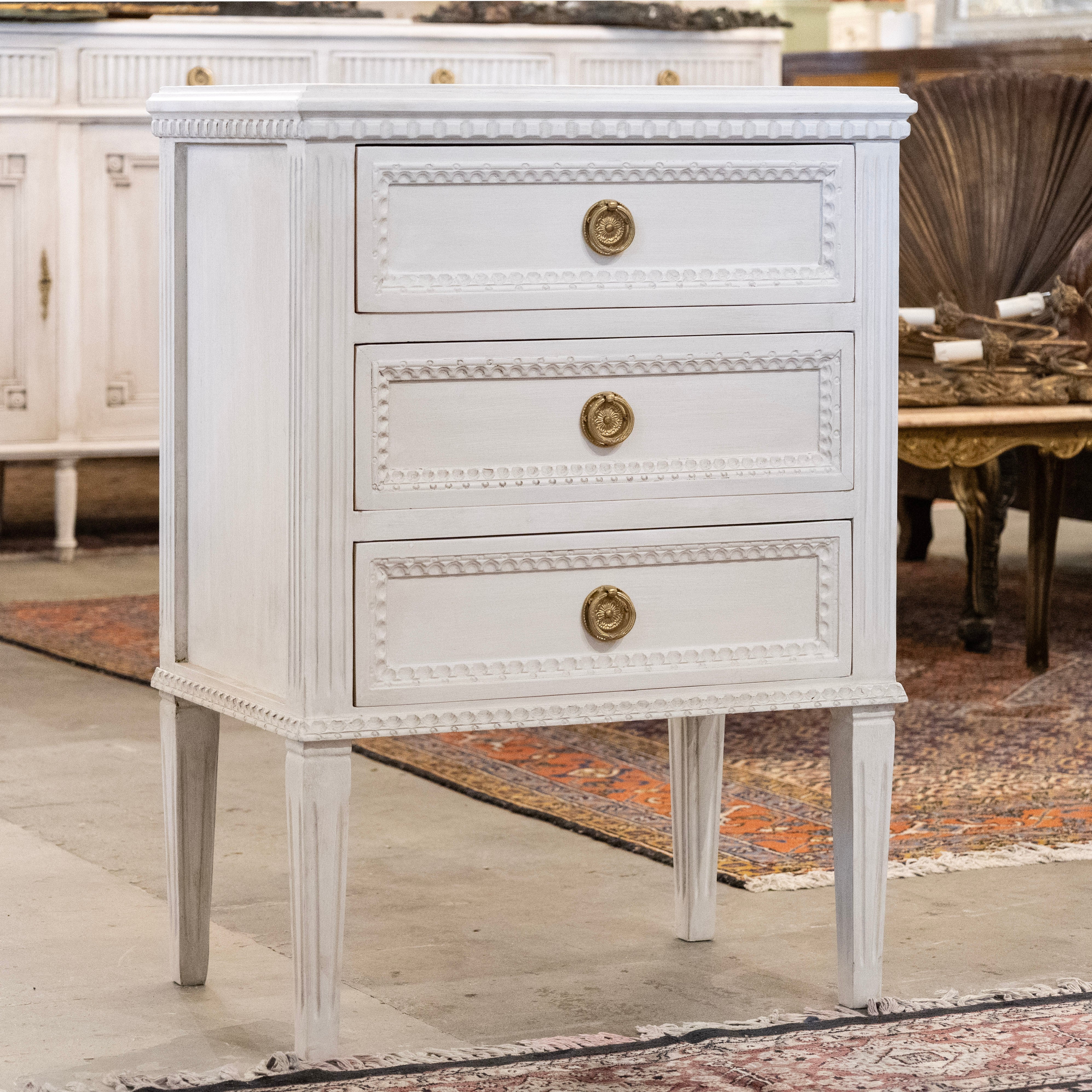 Swedish 3-Drawer Nightstand – Beaded & Fluted Trim in Dove White - Image 2