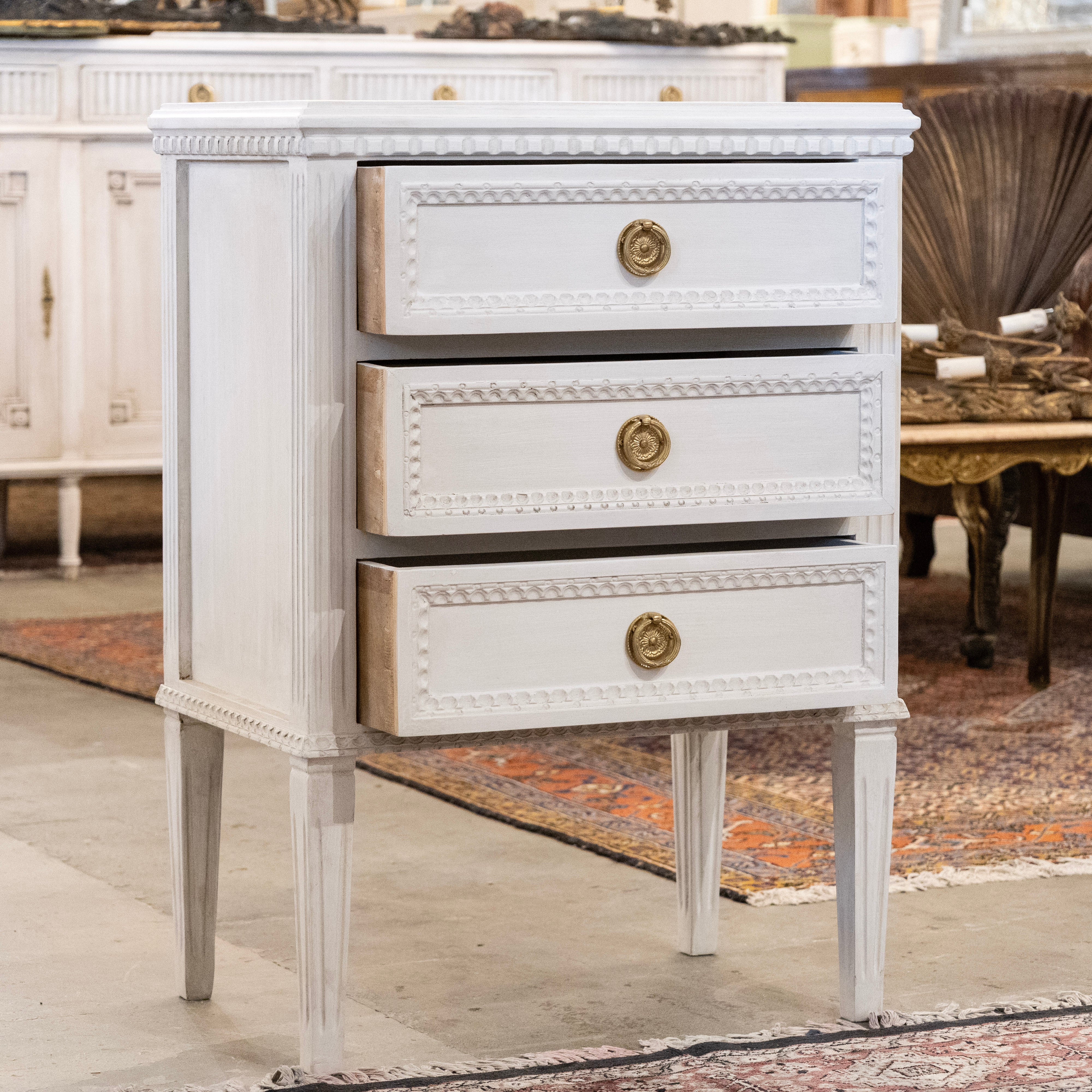 Swedish 3-Drawer Nightstand – Beaded & Fluted Trim in Dove White - Image 3