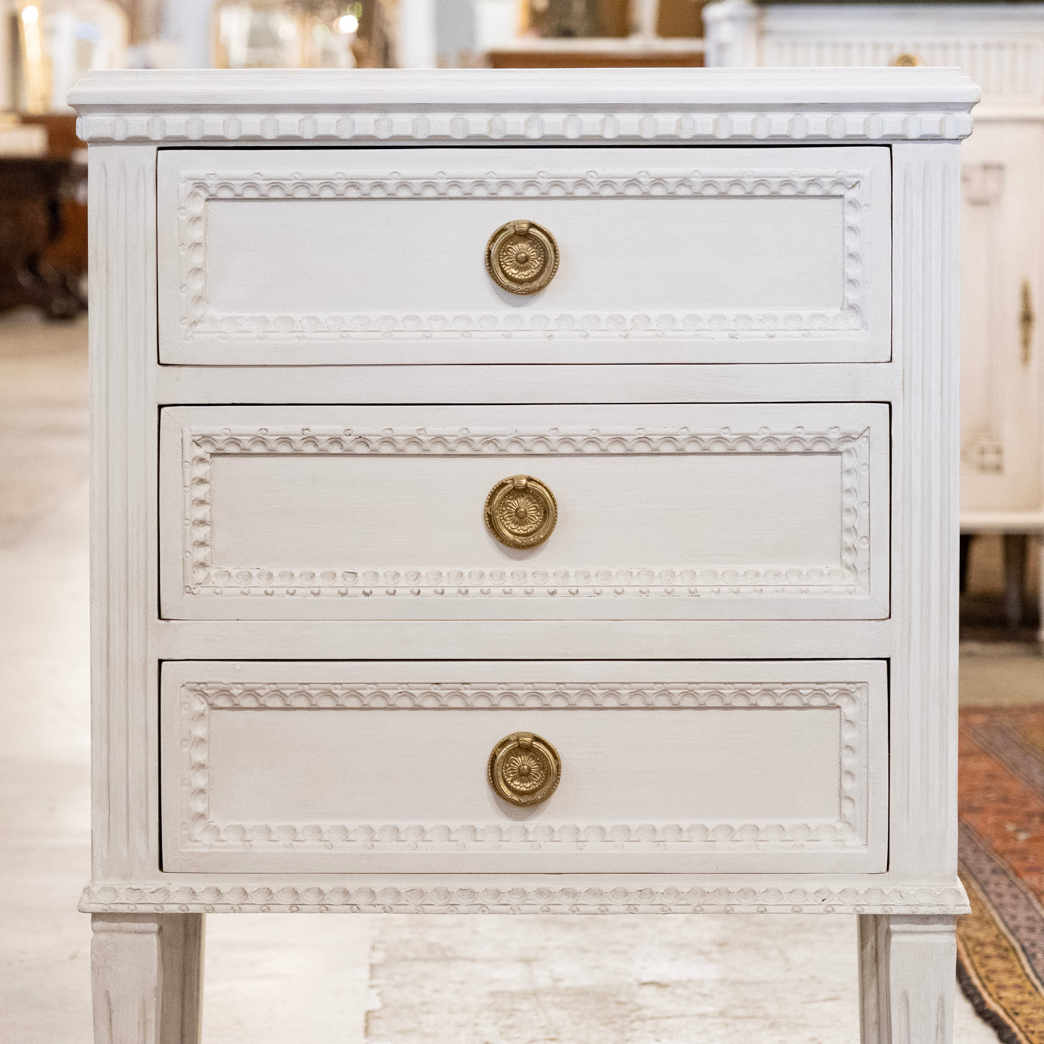 Swedish 3-Drawer Nightstand – Beaded & Fluted Trim in Dove White - Image 4