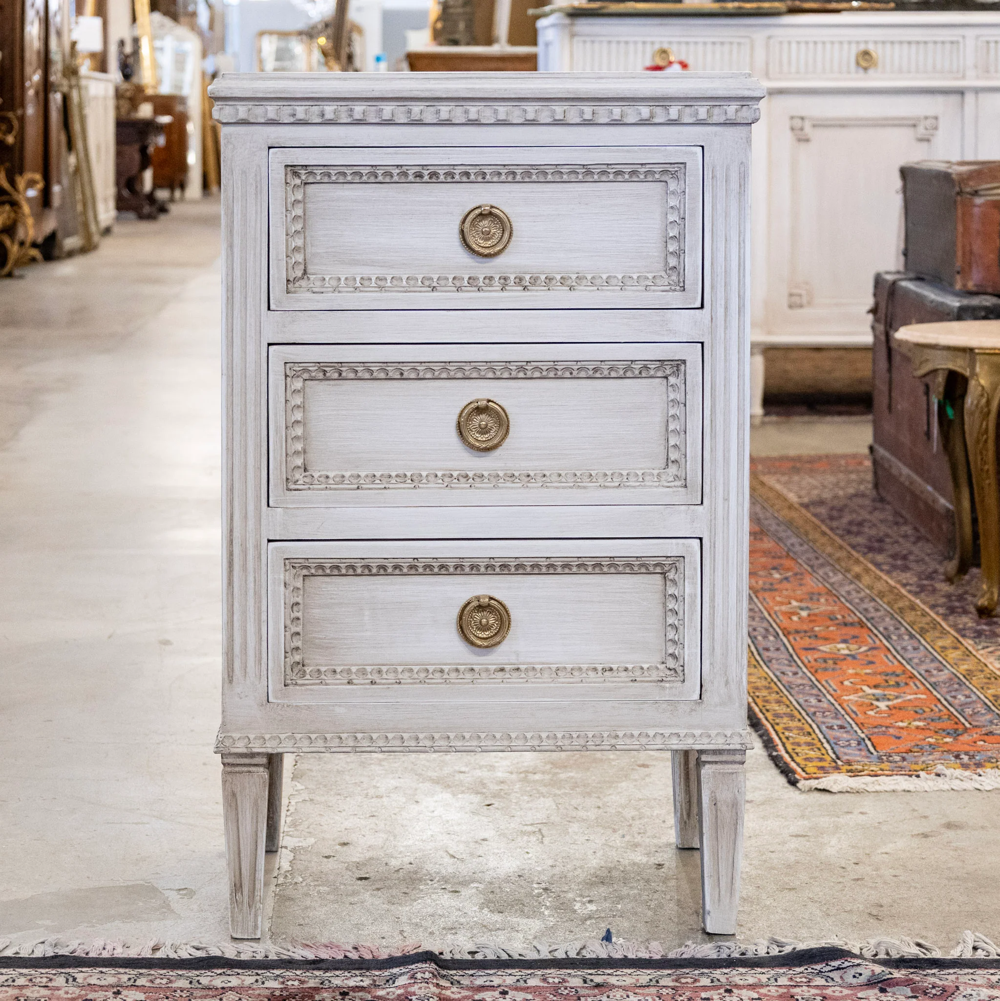Swedish 3-Drawer Nightstand – Beaded Trim in Antique White