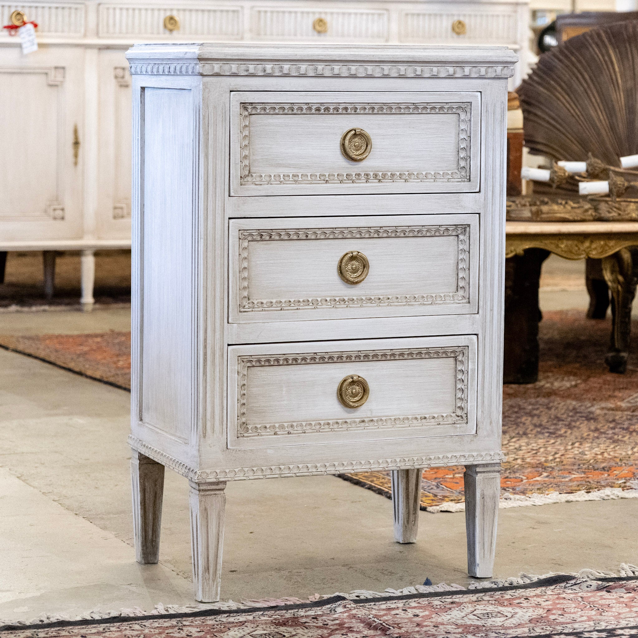 Swedish 3-Drawer Nightstand – Beaded Trim in Antique White - Image 2