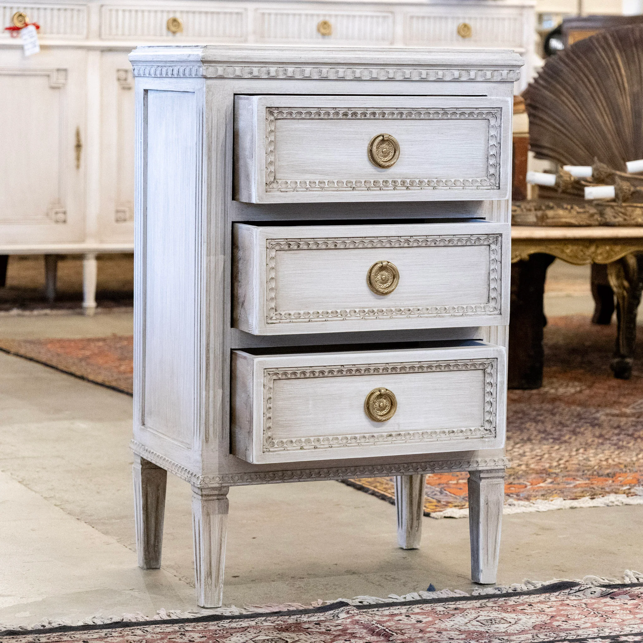 Swedish 3-Drawer Nightstand – Beaded Trim in Antique White - Image 3