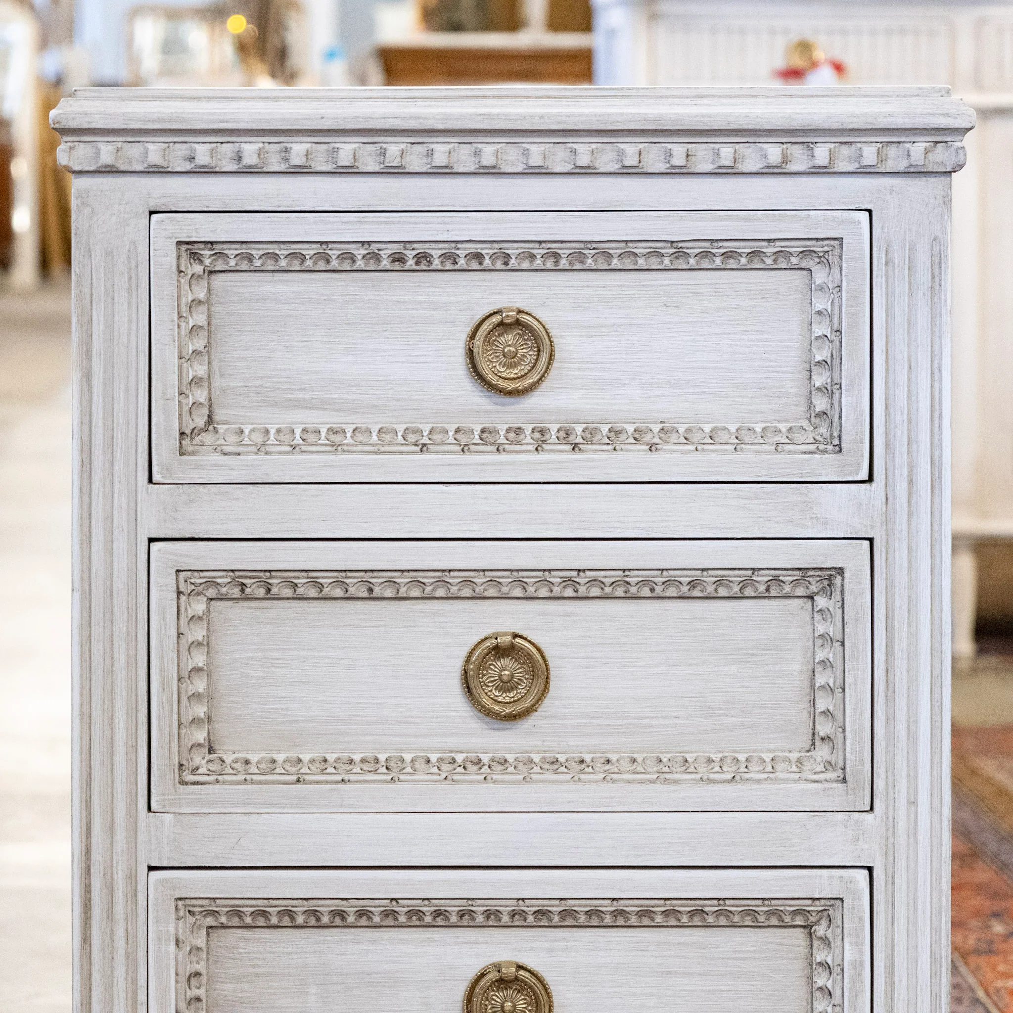 Swedish 3-Drawer Nightstand – Beaded Trim in Antique White - Image 4