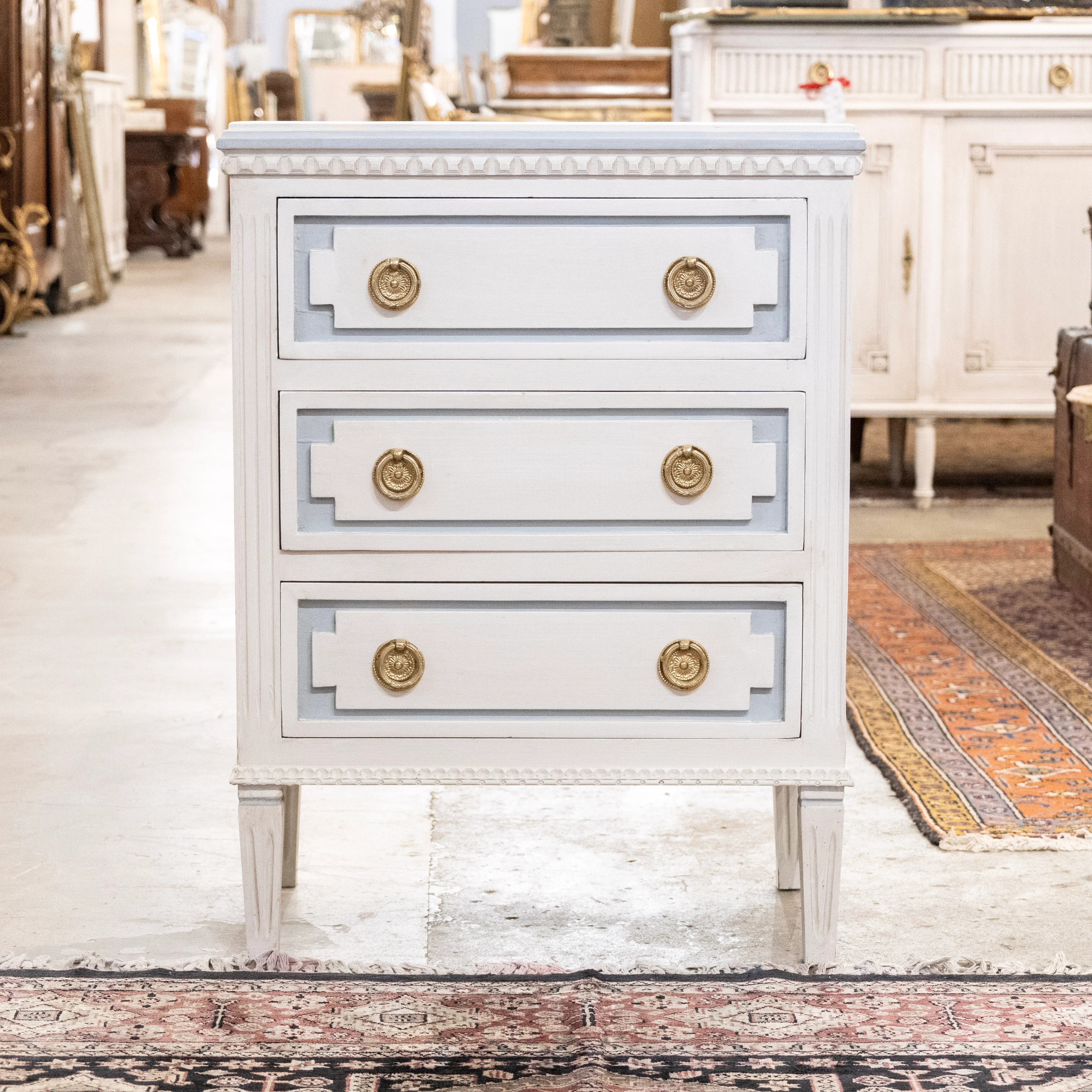 Swedish 3-Drawer Nightstand – Blue Trim & Brass Pulls in Dove White