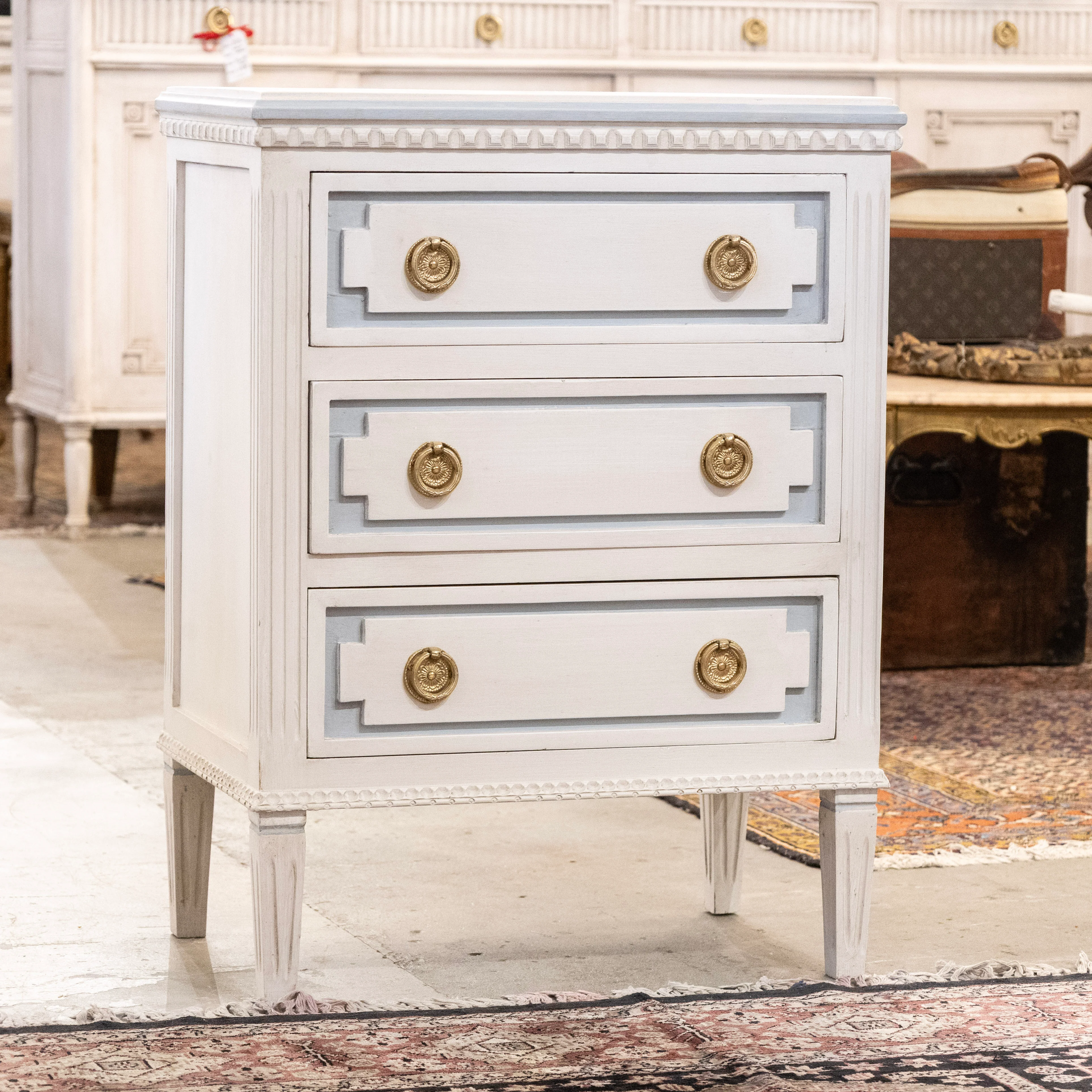 Swedish 3-Drawer Nightstand – Blue Trim & Brass Pulls in Dove White - Image 2