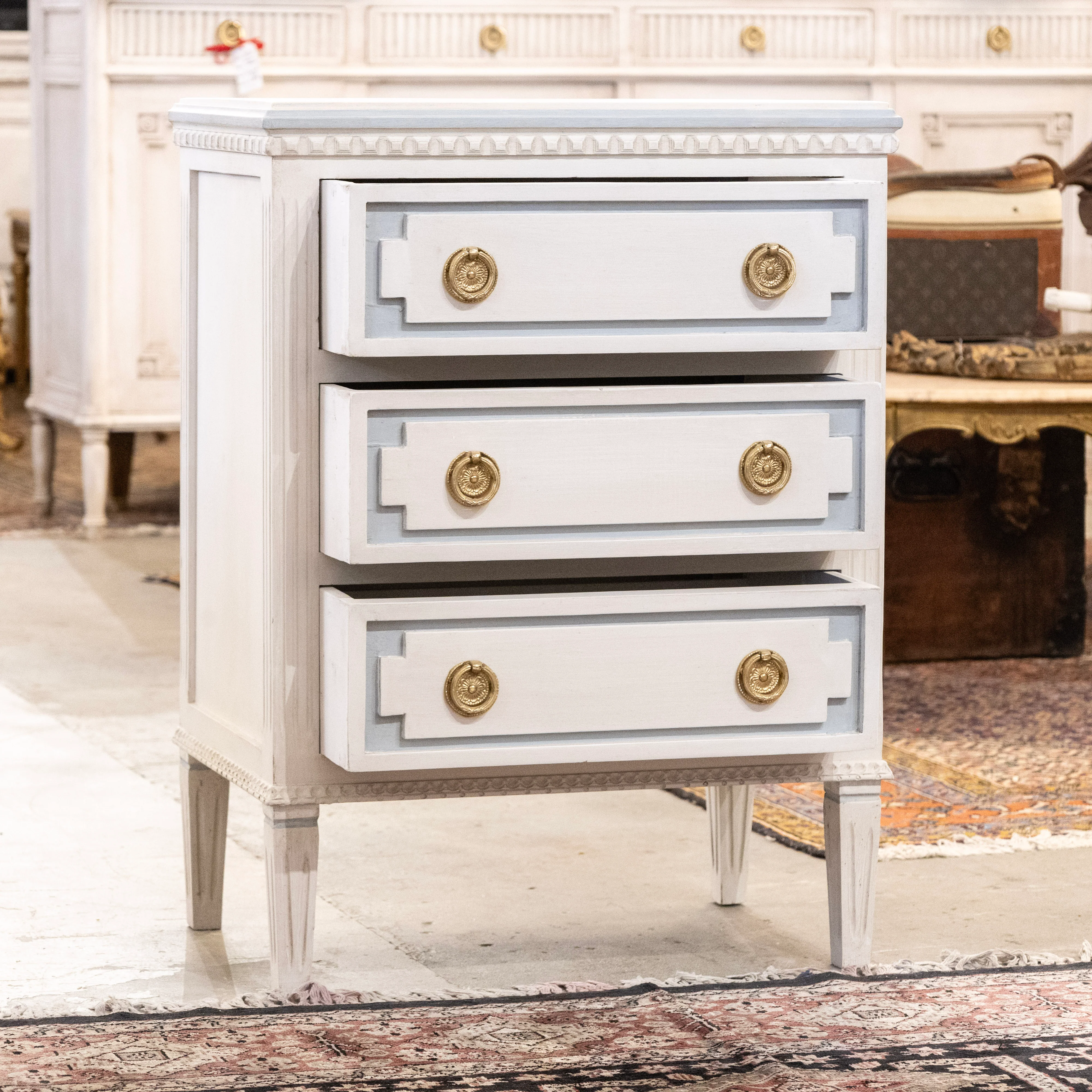 Swedish 3-Drawer Nightstand – Blue Trim & Brass Pulls in Dove White - Image 3