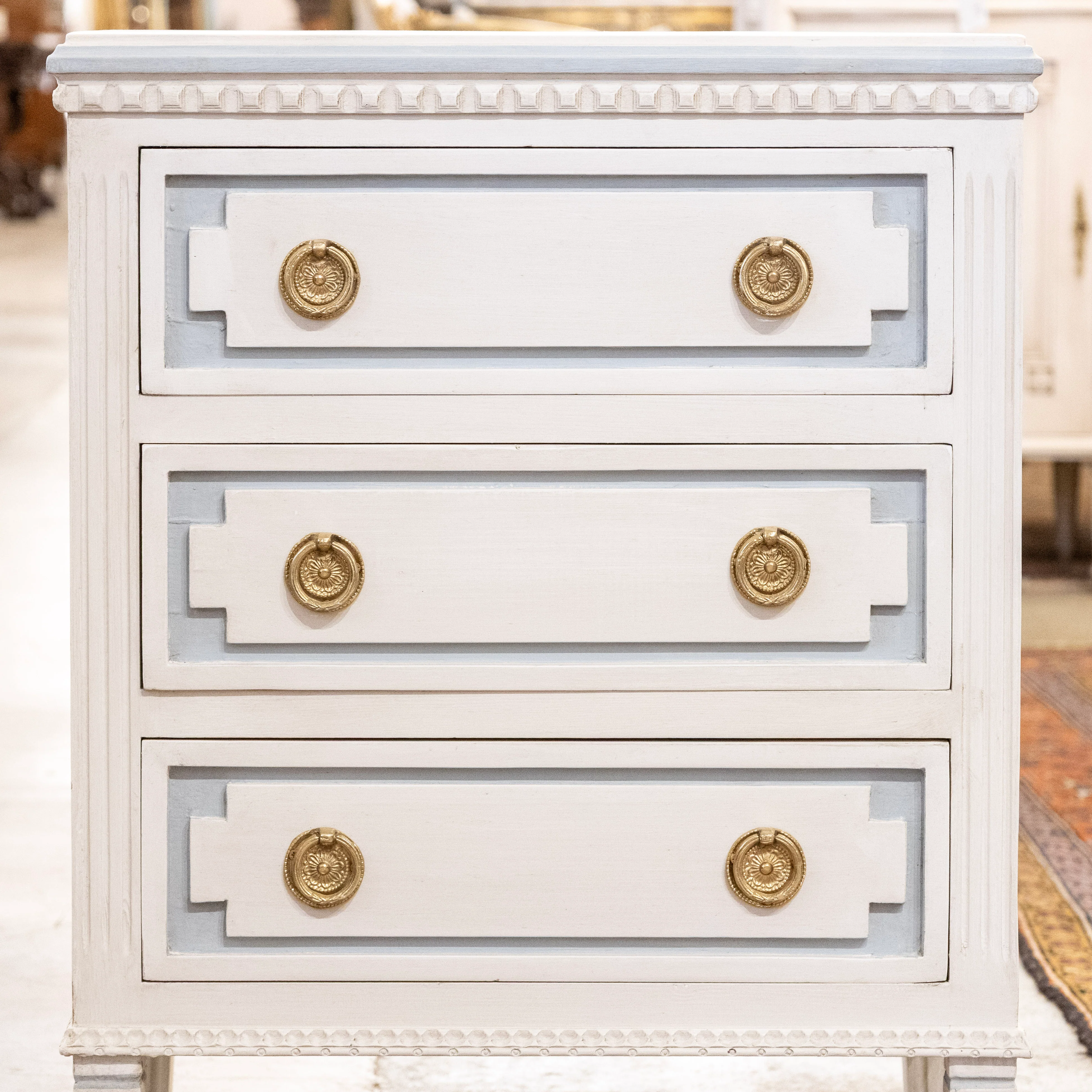 Swedish 3-Drawer Nightstand – Blue Trim & Brass Pulls in Dove White - Image 4