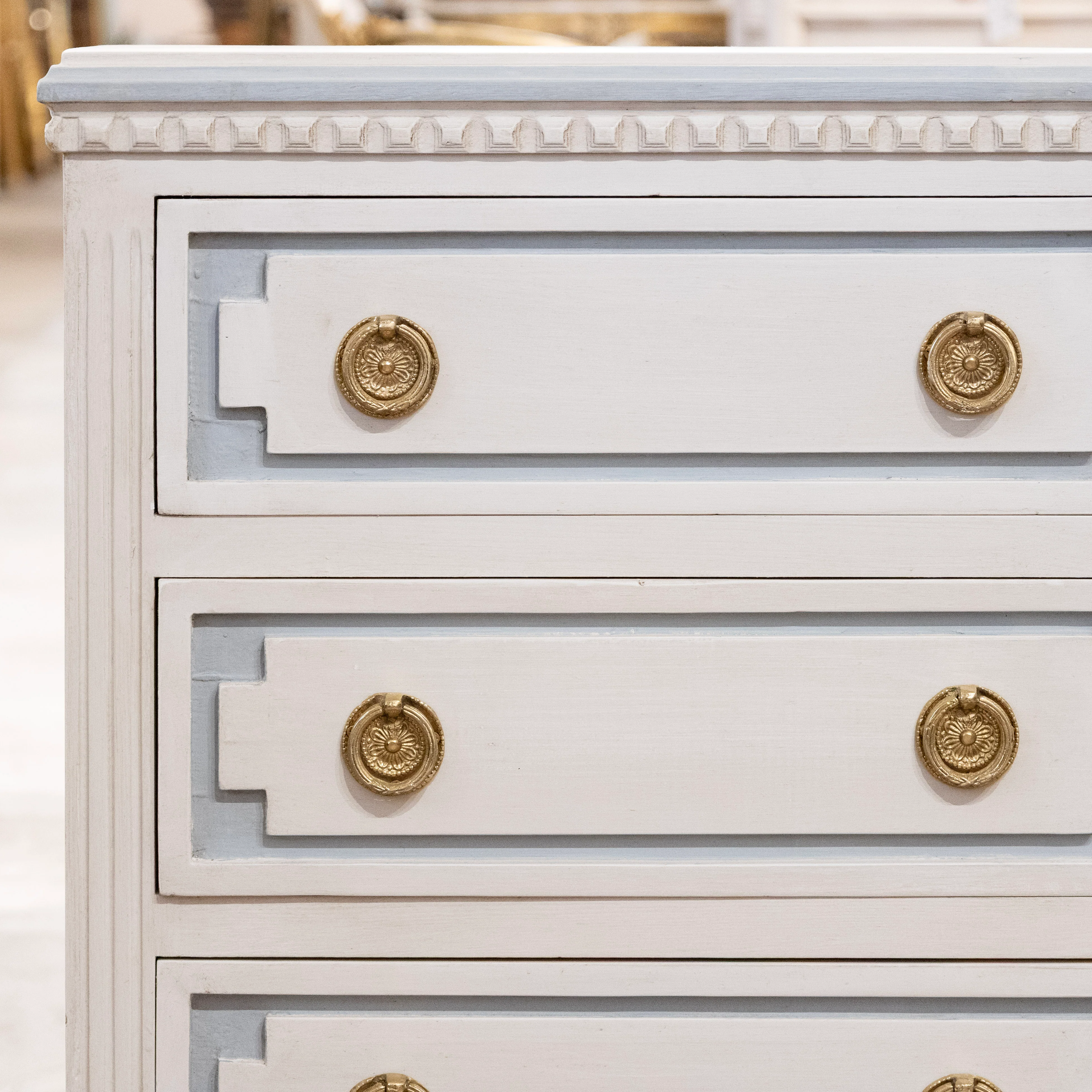 Swedish 3-Drawer Nightstand – Blue Trim & Brass Pulls in Dove White - Image 5