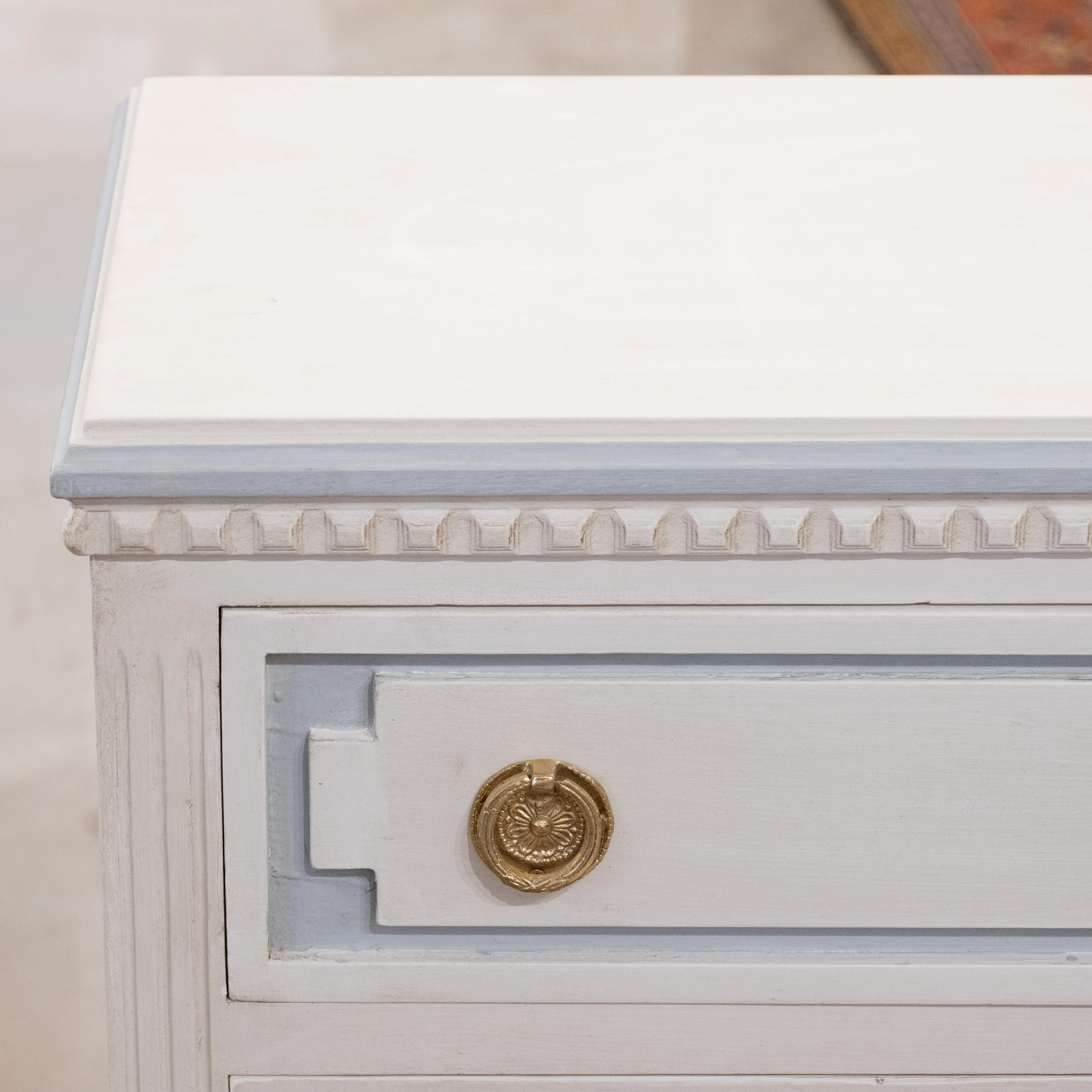 Swedish 3-Drawer Nightstand – Blue Trim & Brass Pulls in Dove White - Image 7