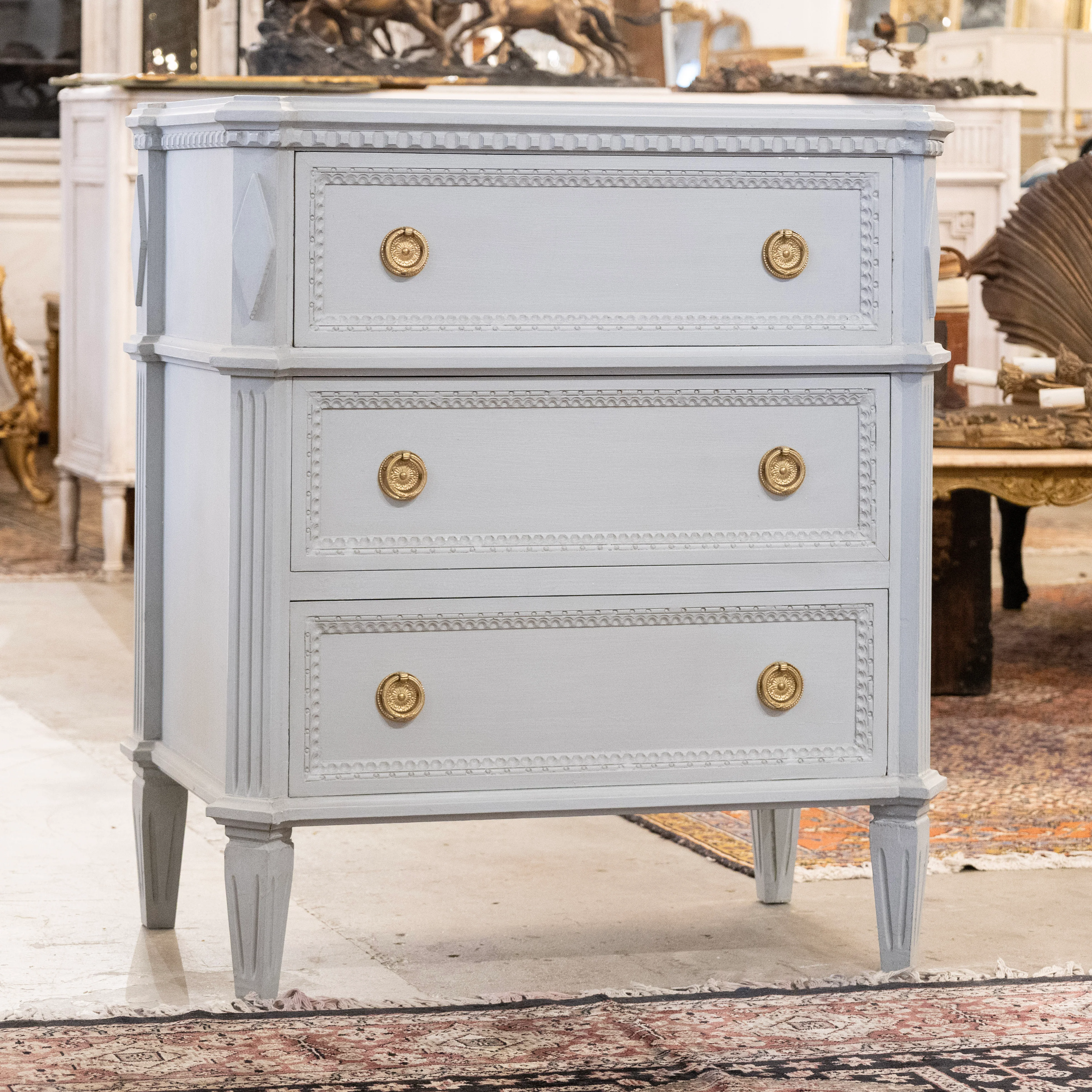 Swedish 3-Drawer Nightstand – Canted Diamond Corners & Beaded Trim in French Grey - Image 2