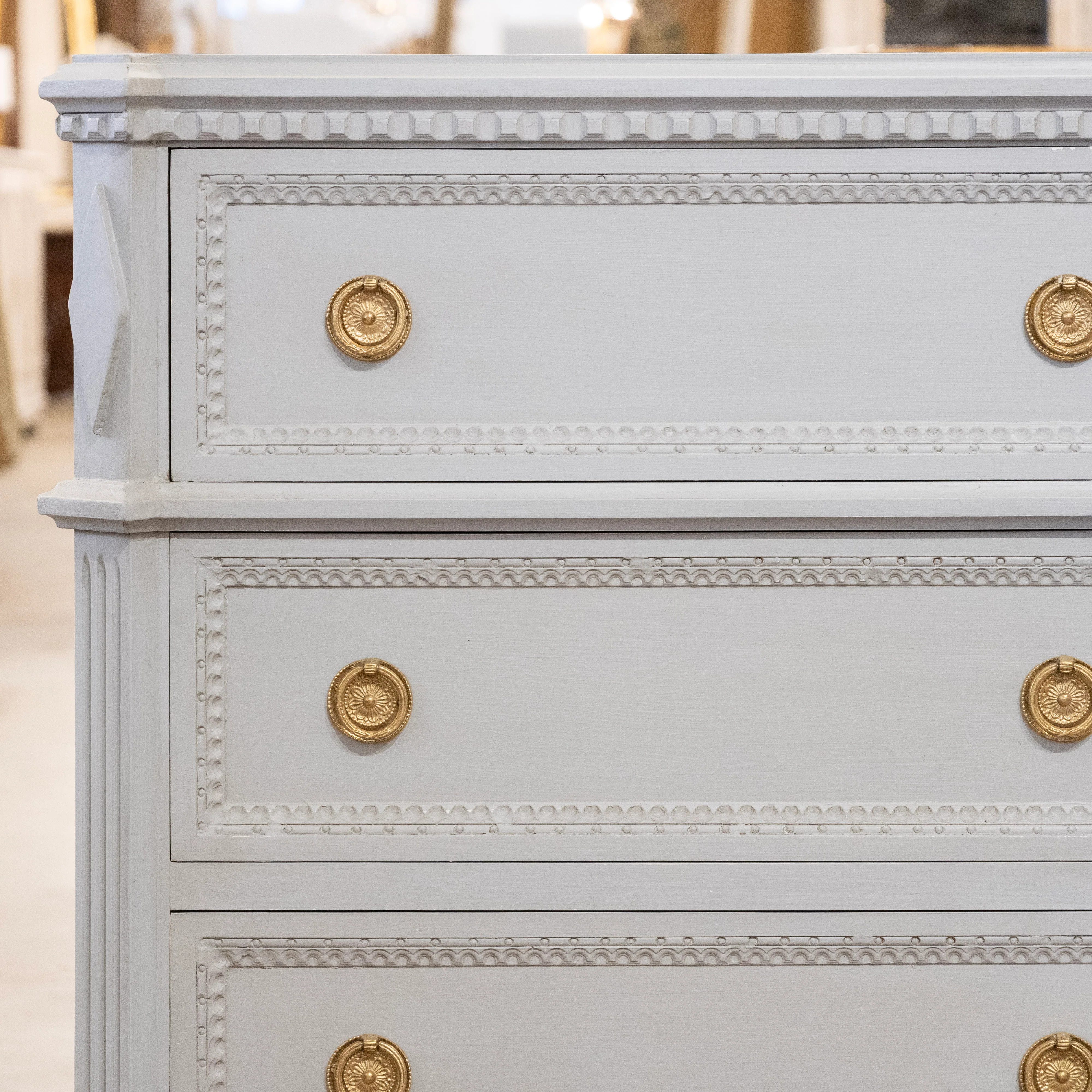 Swedish 3-Drawer Nightstand – Canted Diamond Corners & Beaded Trim in French Grey - Image 4