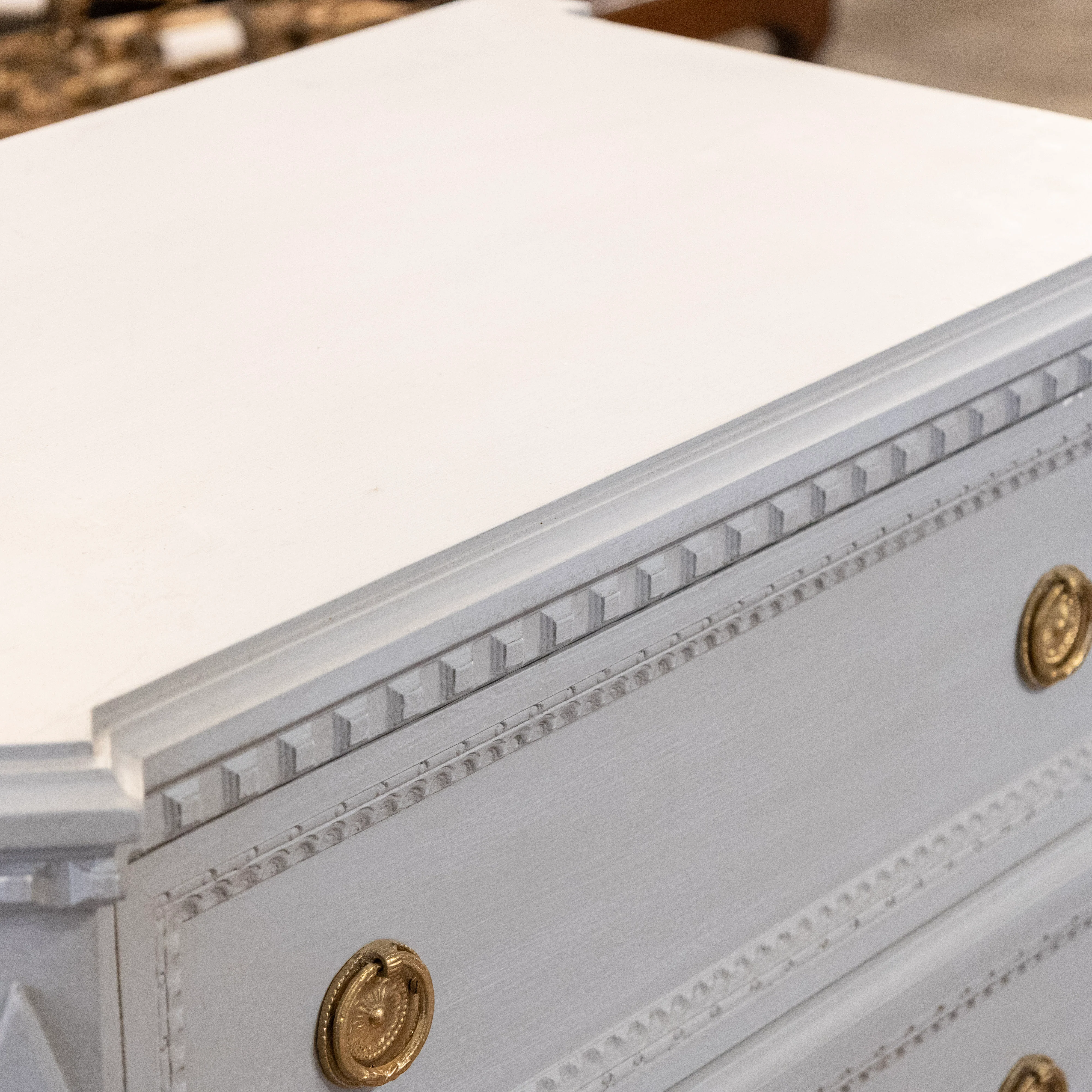Swedish 3-Drawer Nightstand – Canted Diamond Corners & Beaded Trim in French Grey - Image 6