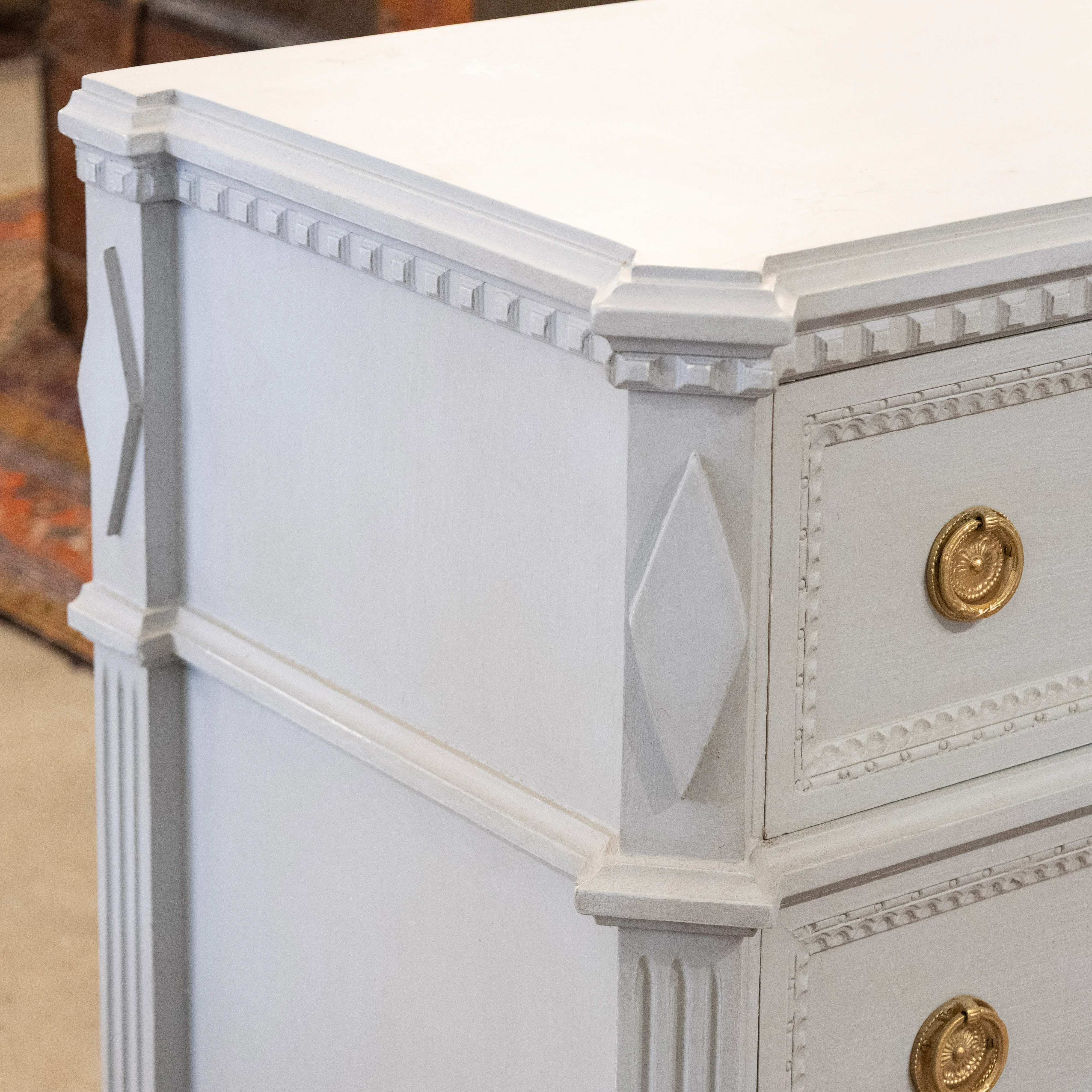 Swedish 3-Drawer Nightstand – Canted Diamond Corners & Beaded Trim in French Grey - Image 7