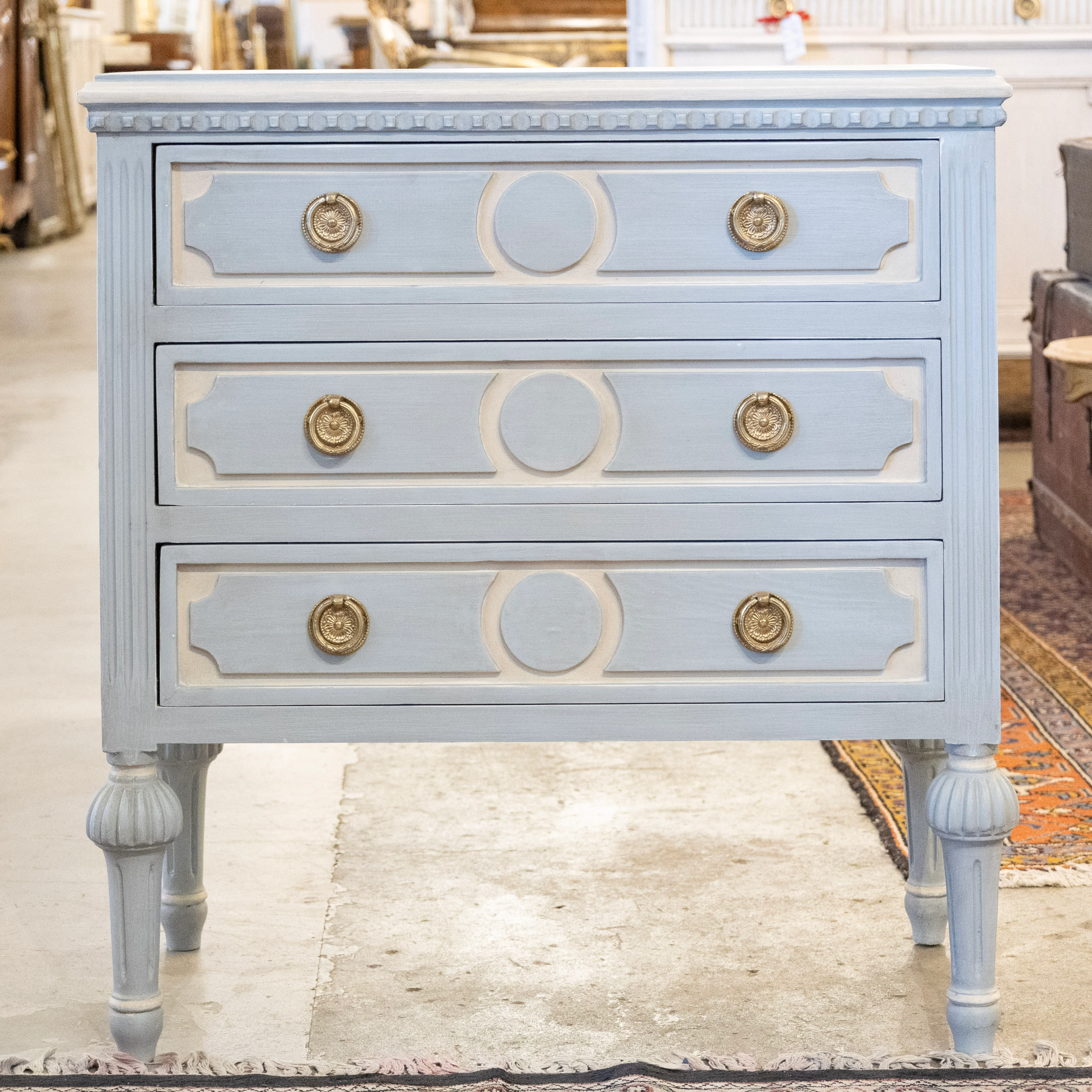 Swedish 3-Drawer Nightstand – Carved Circle Trim & Ballerina Legs in Blue