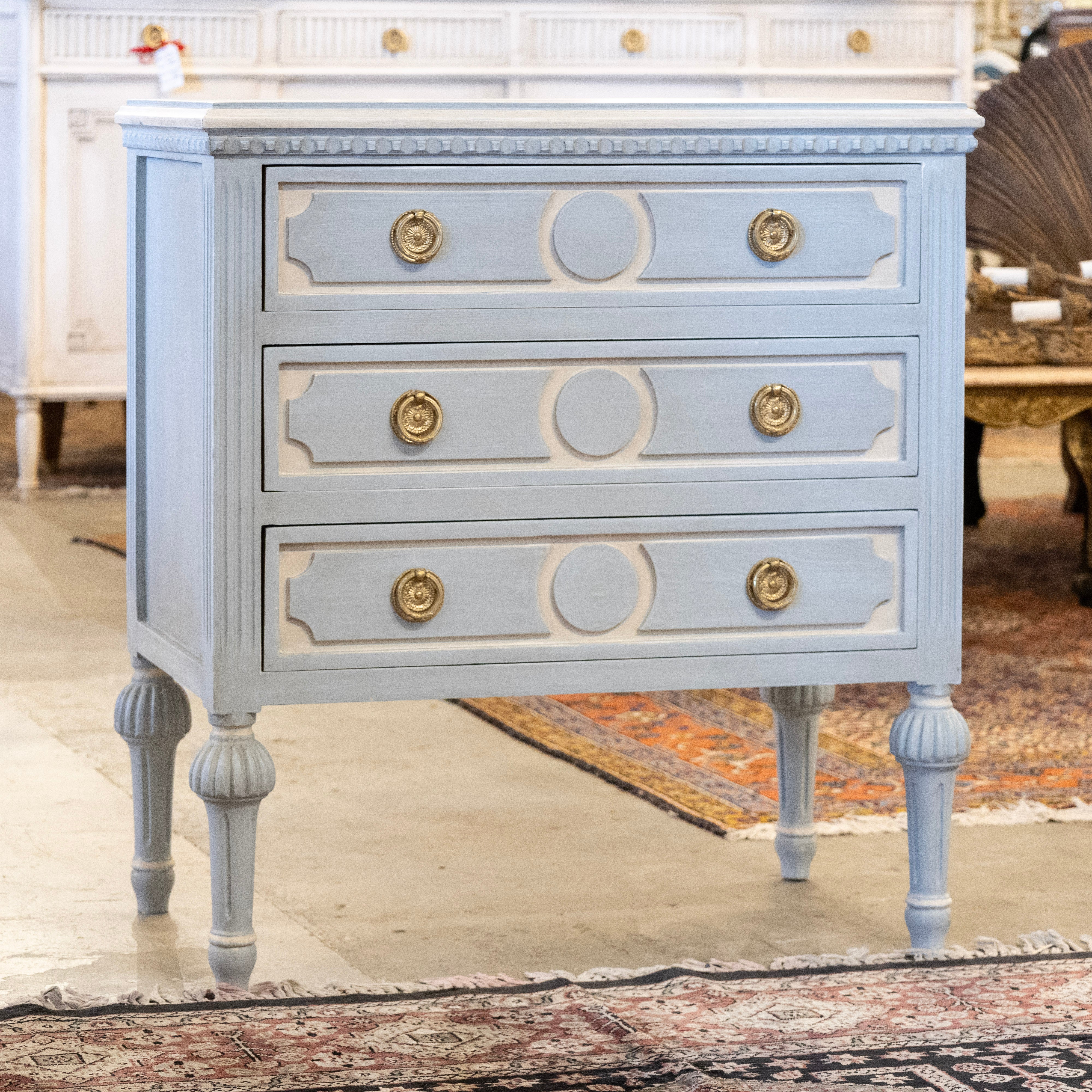 Swedish 3-Drawer Nightstand – Carved Circle Trim & Ballerina Legs in Blue - Image 2