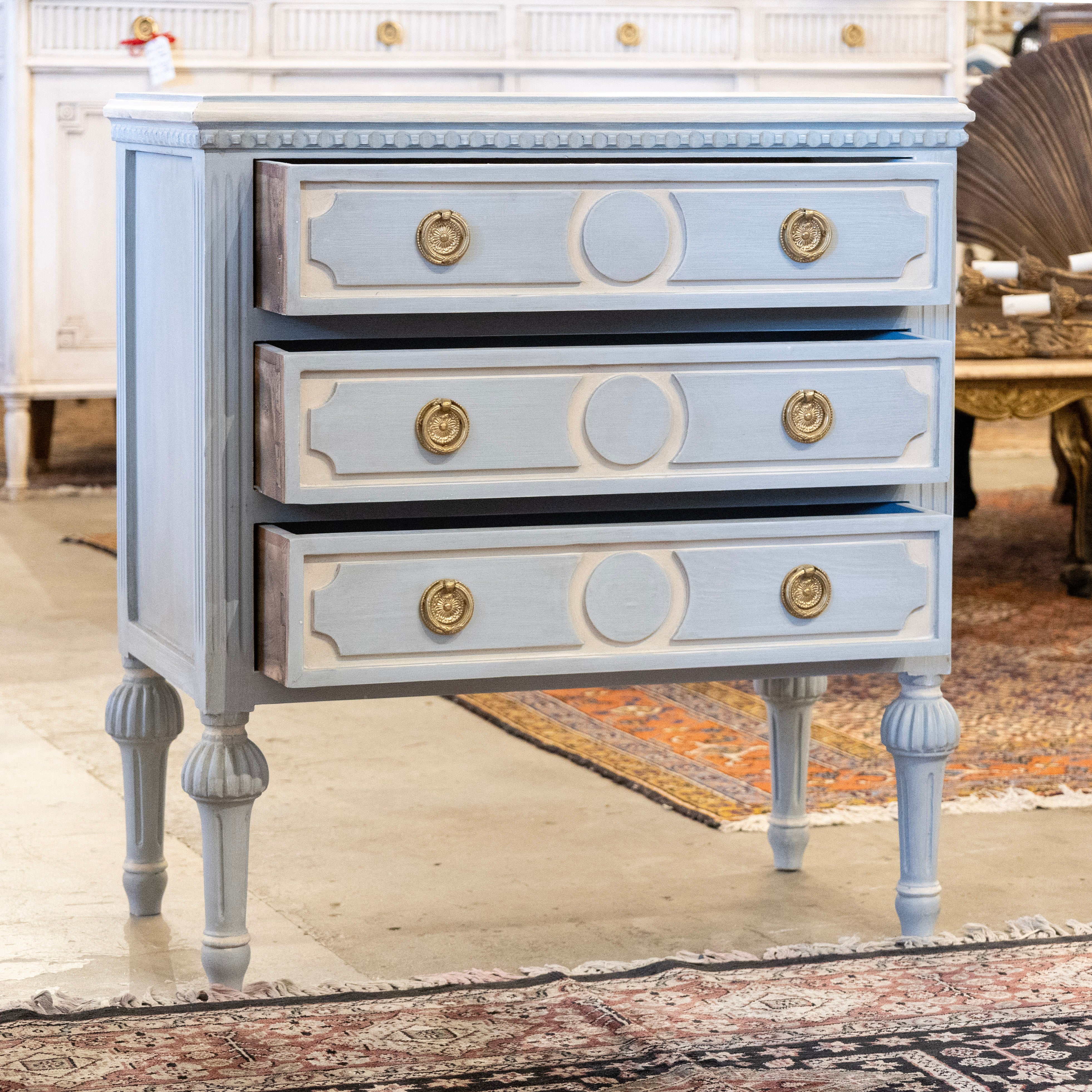 Swedish 3-Drawer Nightstand – Carved Circle Trim & Ballerina Legs in Blue - Image 3