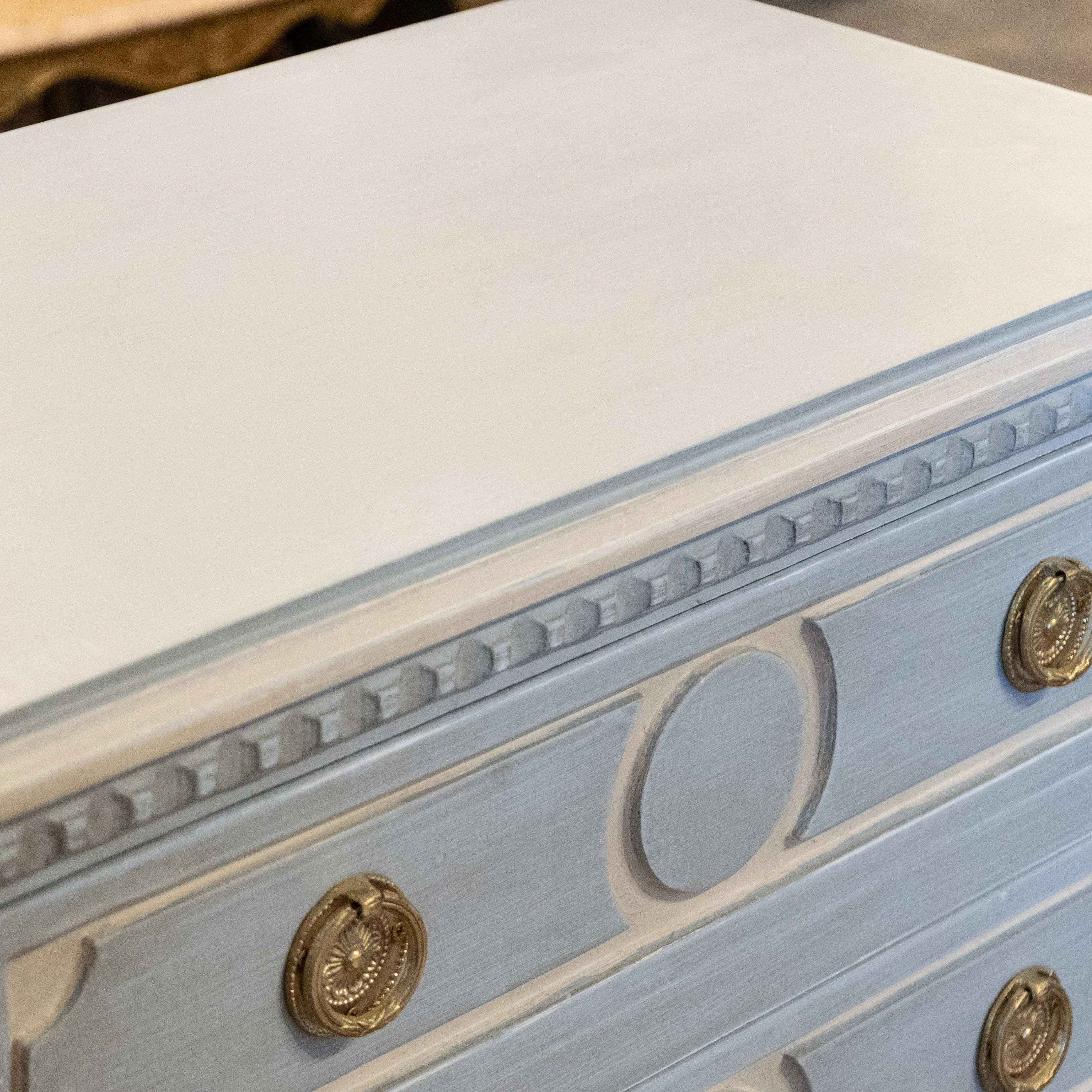 Swedish 3-Drawer Nightstand – Carved Circle Trim & Ballerina Legs in Blue - Image 6
