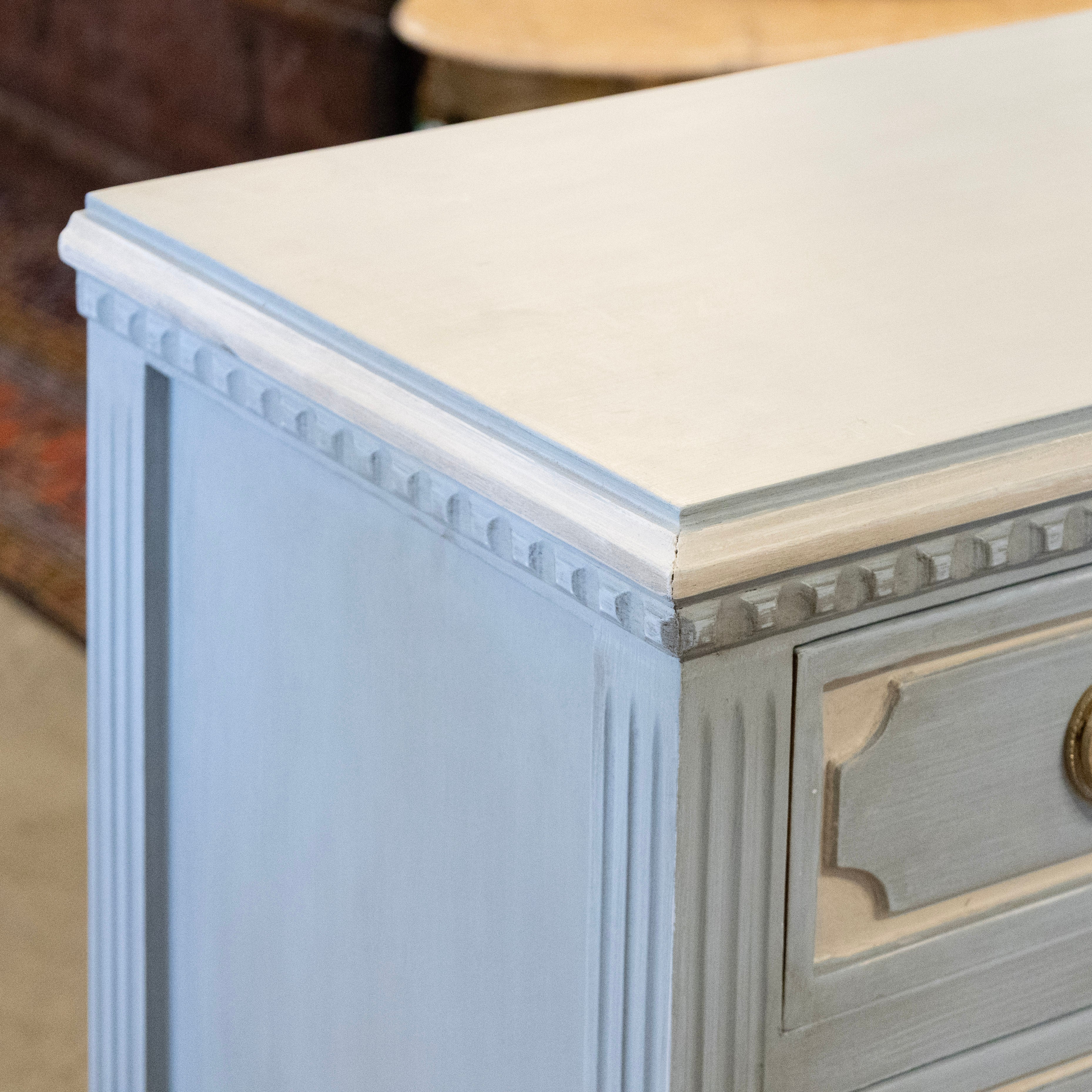 Swedish 3-Drawer Nightstand – Carved Circle Trim & Ballerina Legs in Blue - Image 7
