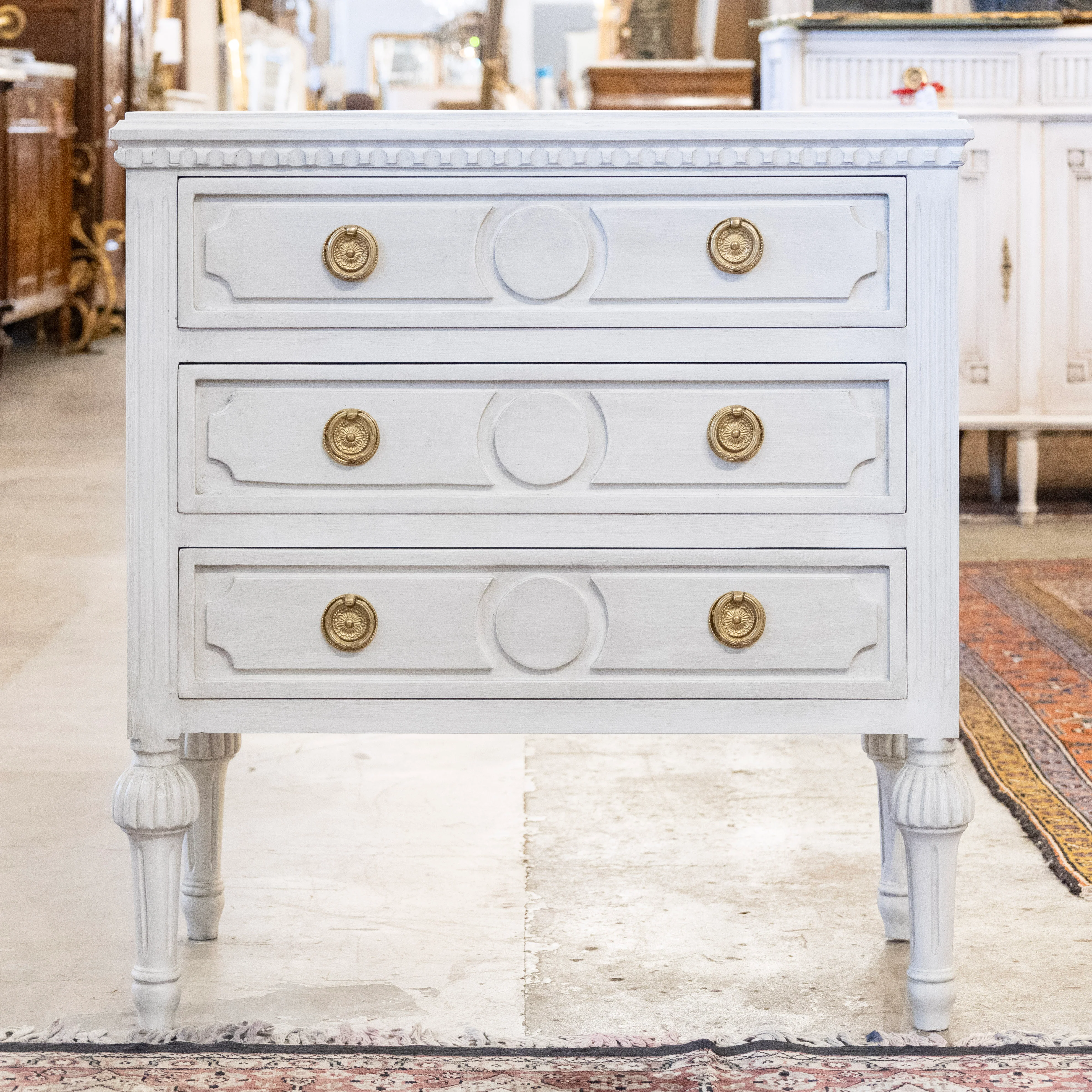 Swedish 3-Drawer Nightstand – Circle Trim & Brass Pulls in Antique White